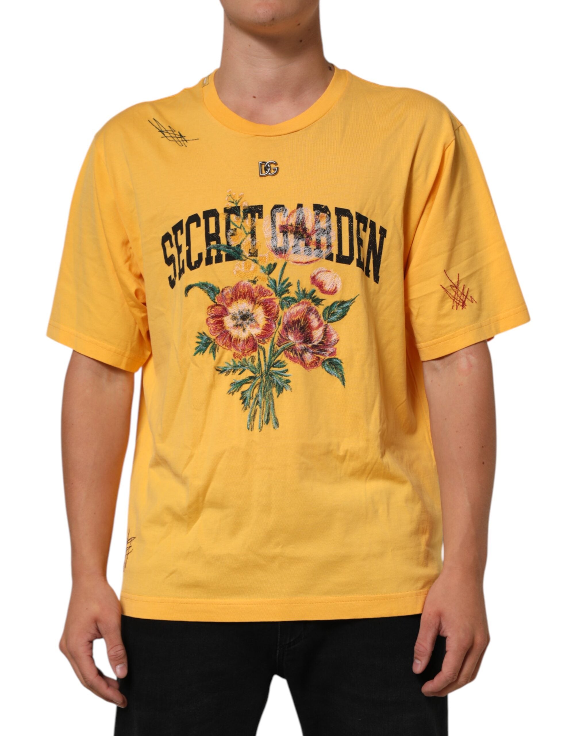 Dolce & Gabbana Gelbes Secret Graden Floral Baumwoll-T-Shirt mit Rundhalsausschnitt