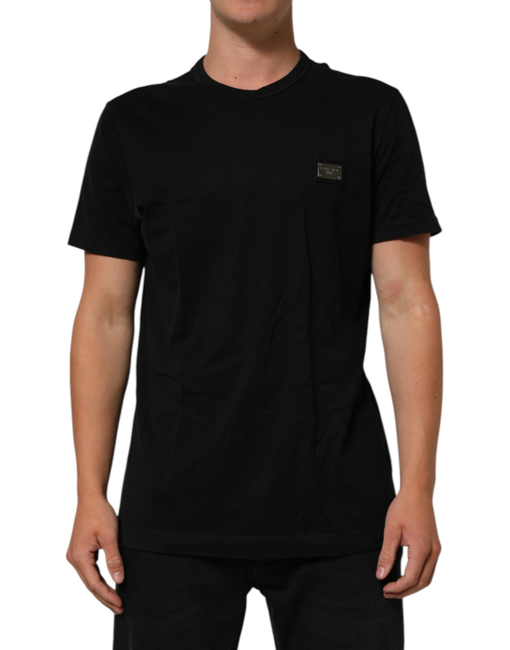 Dolce & Gabbana Schwarzes Logo-Plakette Baumwolle T-Shirt mit Rundhalsausschnitt