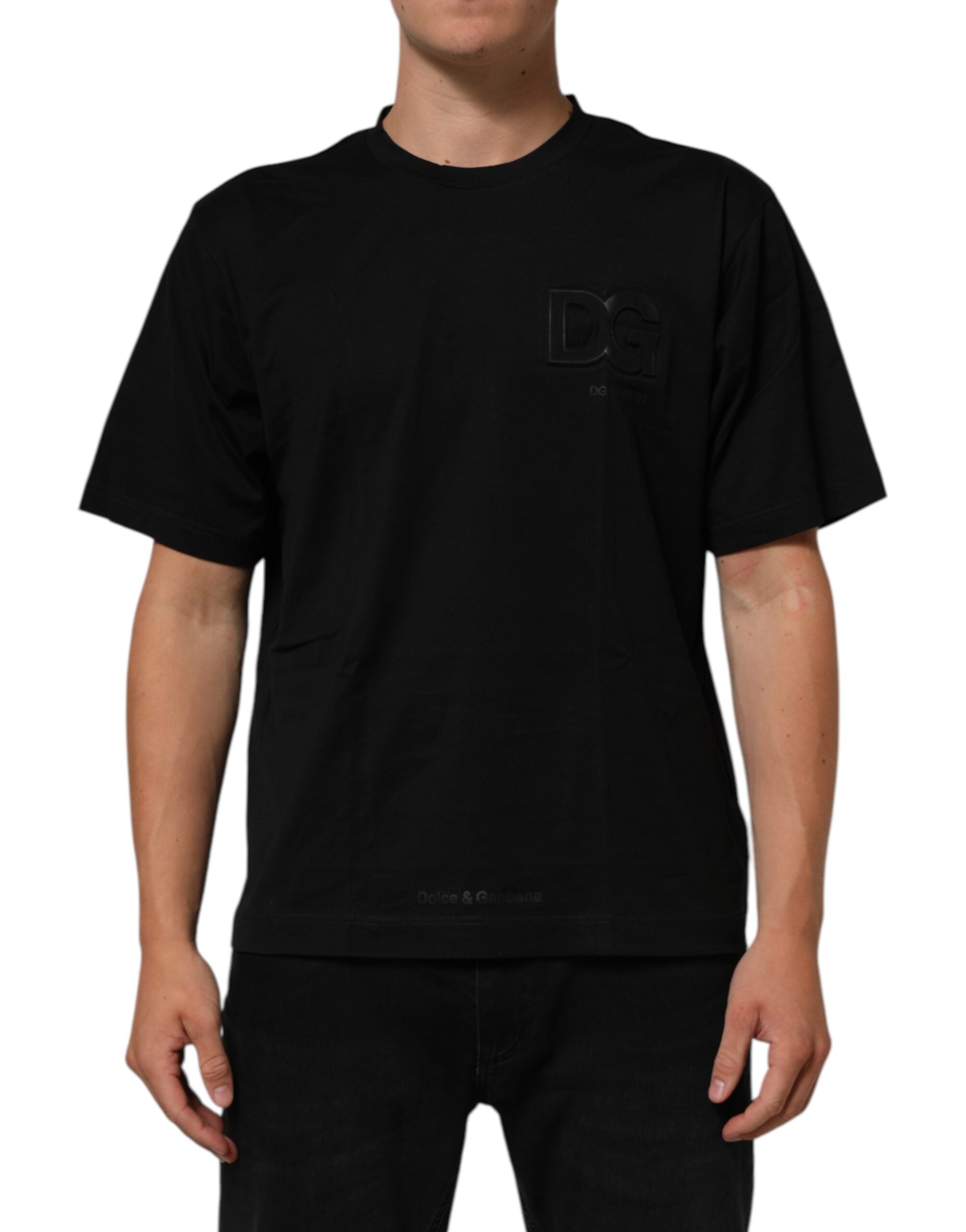 Dolce & Gabbana Schwarzes Logo Patch Baumwolle Männer T-Shirt mit Rundhalsausschnitt