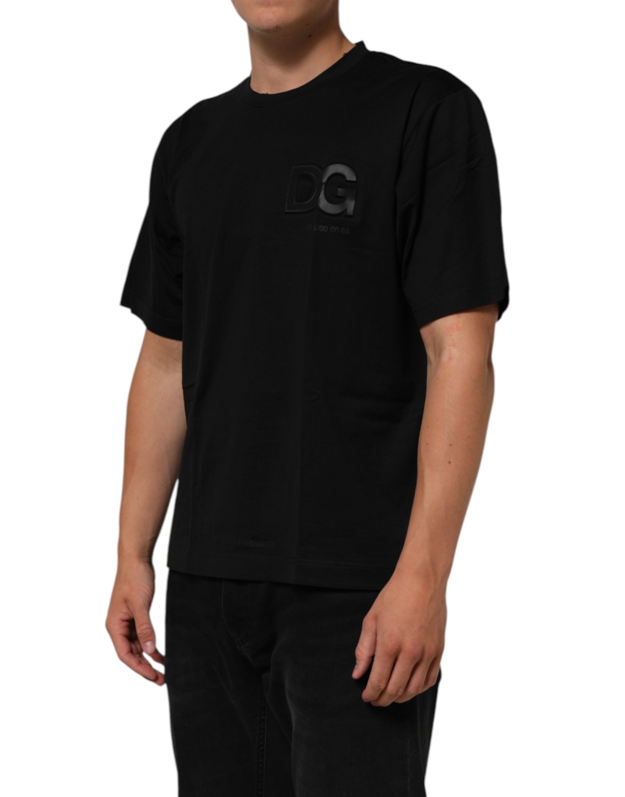 Dolce & Gabbana Schwarzes Logo Patch Baumwolle Männer T-Shirt mit Rundhalsausschnitt