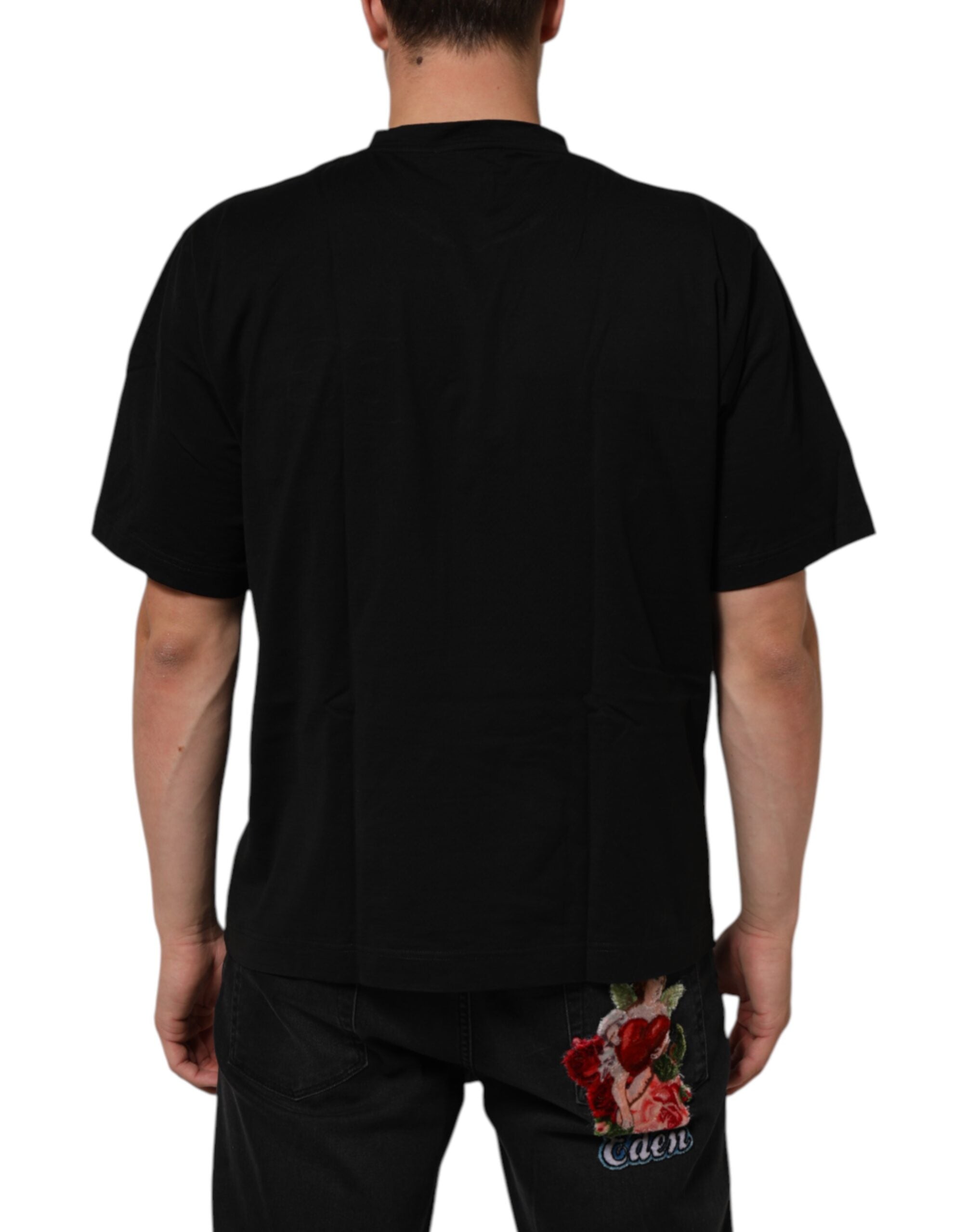 Dolce & Gabbana Schwarzes Logo Patch Baumwolle Männer T-Shirt mit Rundhalsausschnitt