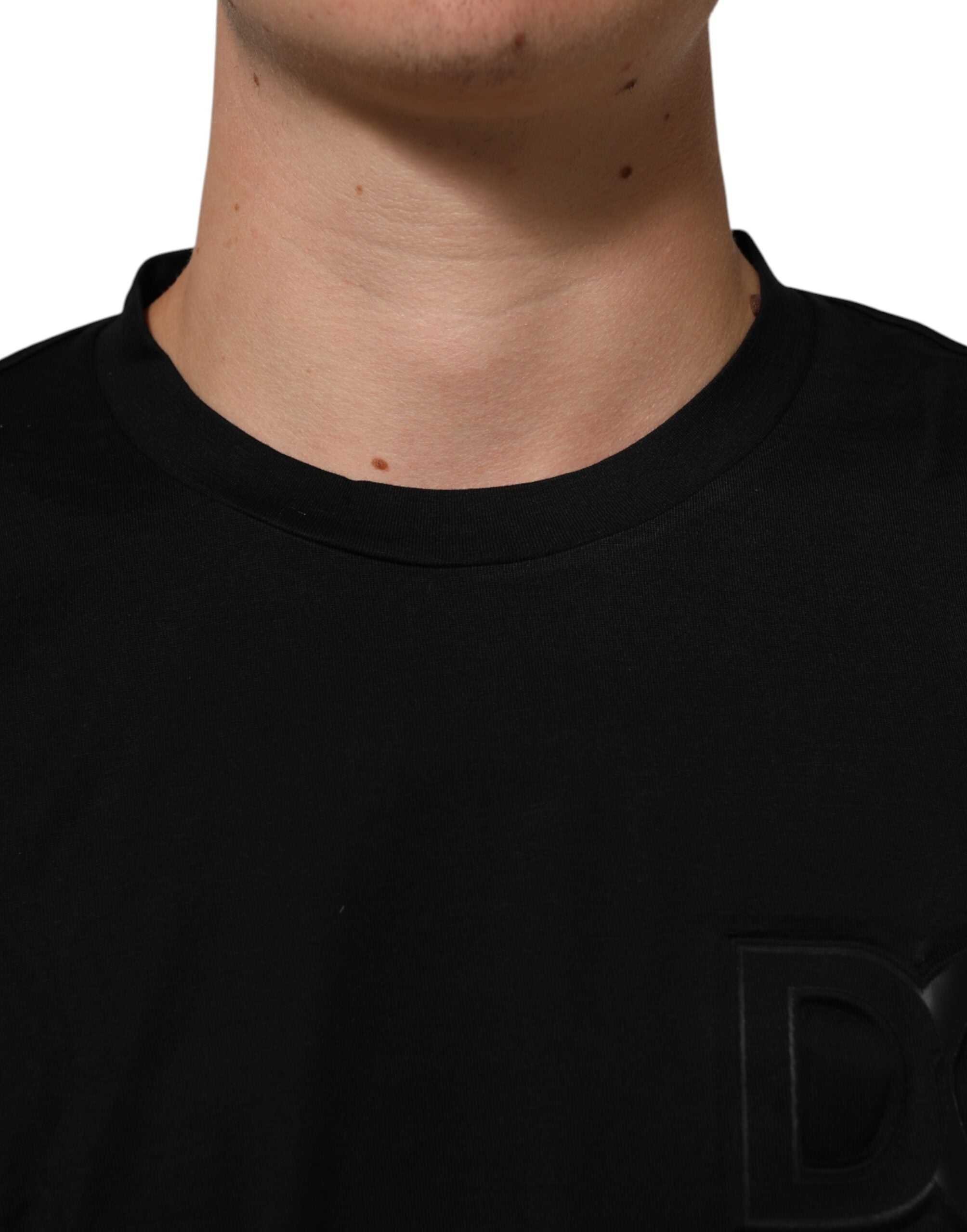 Dolce & Gabbana Schwarzes Logo Patch Baumwolle Männer T-Shirt mit Rundhalsausschnitt