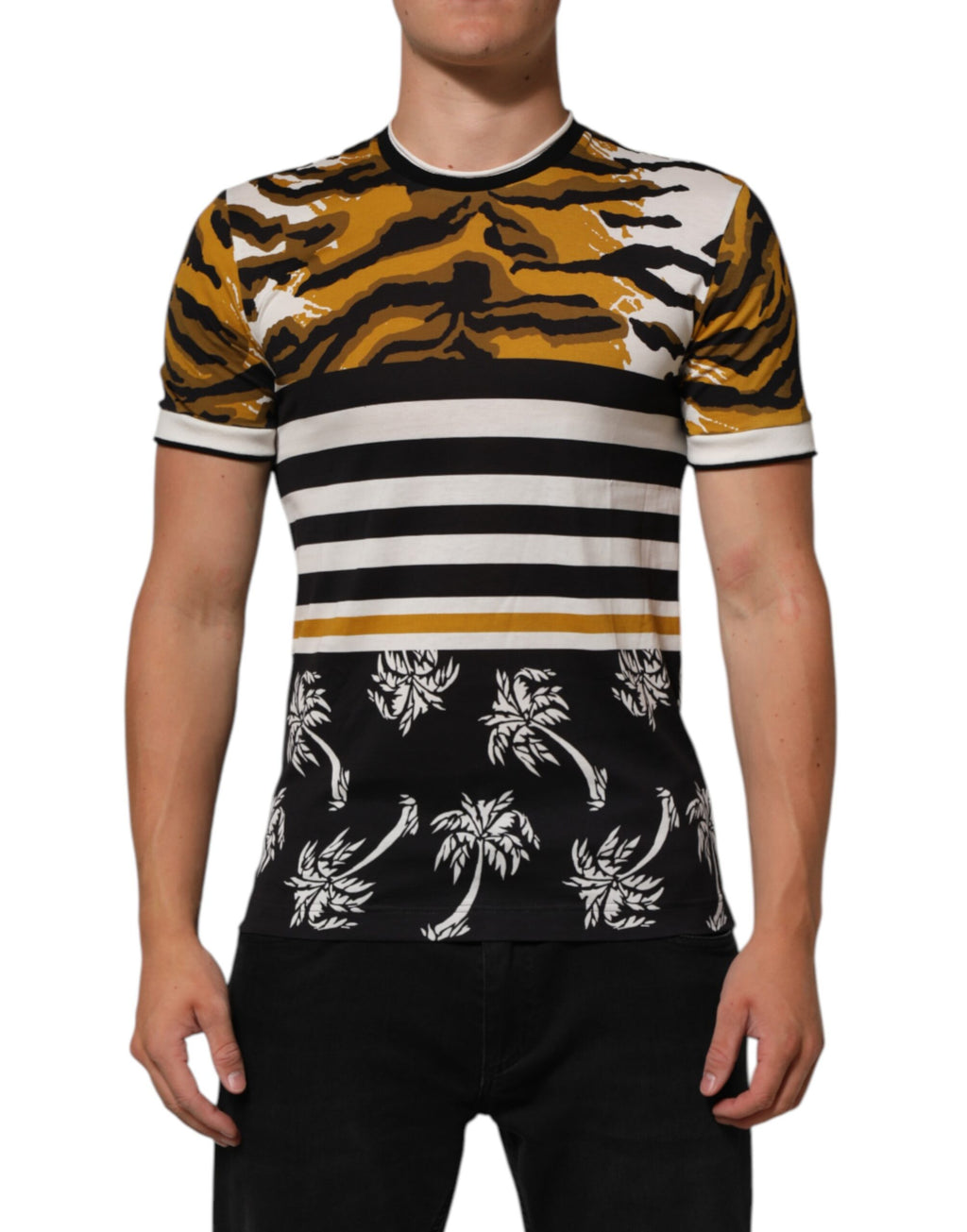 Dolce & Gabbana Multicolor Luipaard Palmblad Mannen T-shirt met Ronde Hals