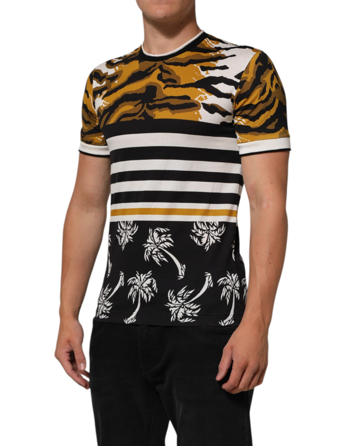 Dolce & Gabbana Multicolor Luipaard Palmblad Mannen T-shirt met Ronde Hals