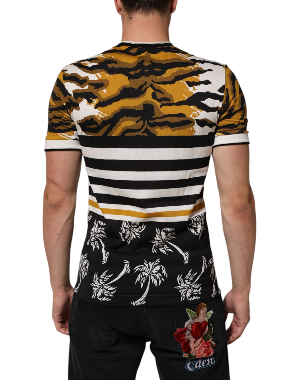 Dolce & Gabbana Multicolor Luipaard Palmblad Mannen T-shirt met Ronde Hals