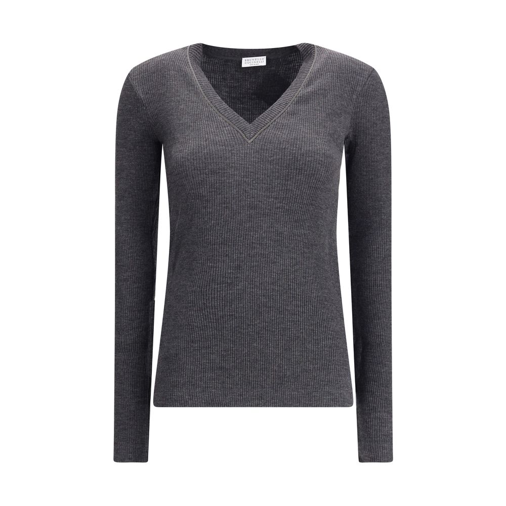 Brunello Cucinelli Langärmeliges T-Shirt aus geripptem Wolljersey mit glänzendem Besatz