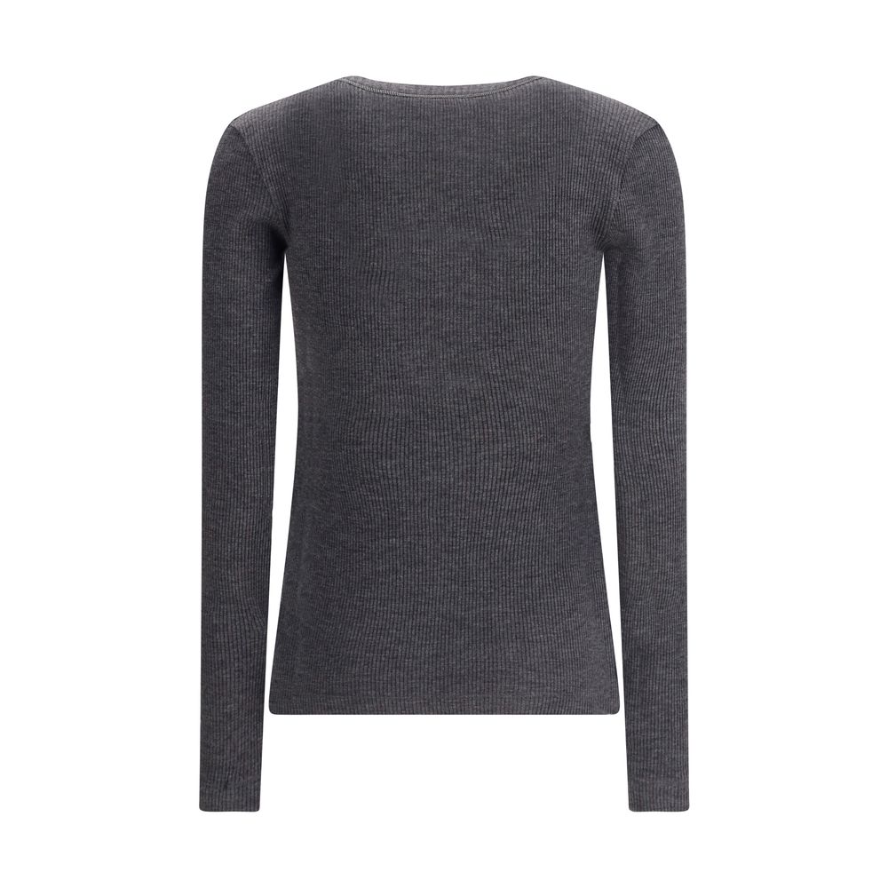 Brunello Cucinelli Langärmeliges T-Shirt aus geripptem Wolljersey mit glänzendem Besatz