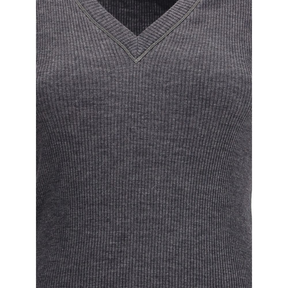 Brunello Cucinelli Langärmeliges T-Shirt aus geripptem Wolljersey mit glänzendem Besatz