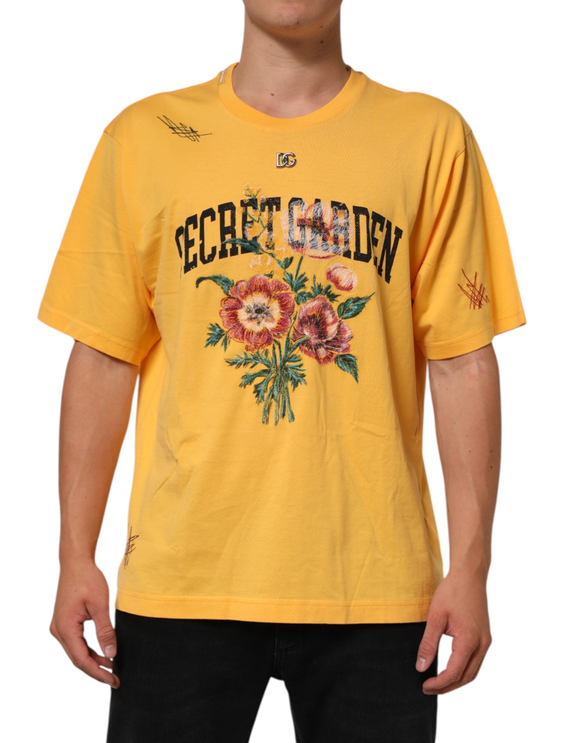 Dolce & Gabbana Gelbes Secret Graden Floral Baumwolle CrewNeck T-shirt