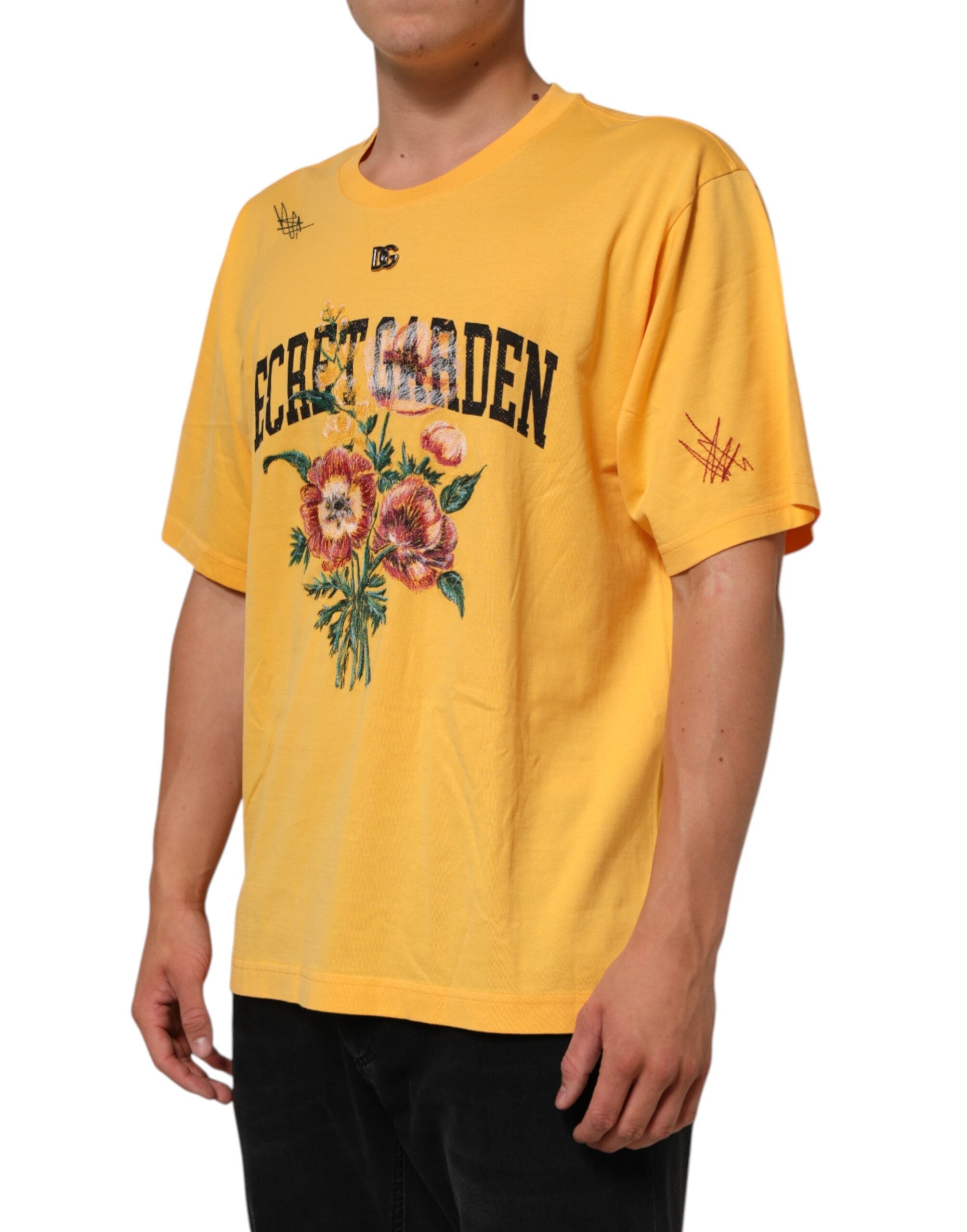 Dolce & Gabbana Gelbes Secret Graden Floral Baumwolle CrewNeck T-shirt