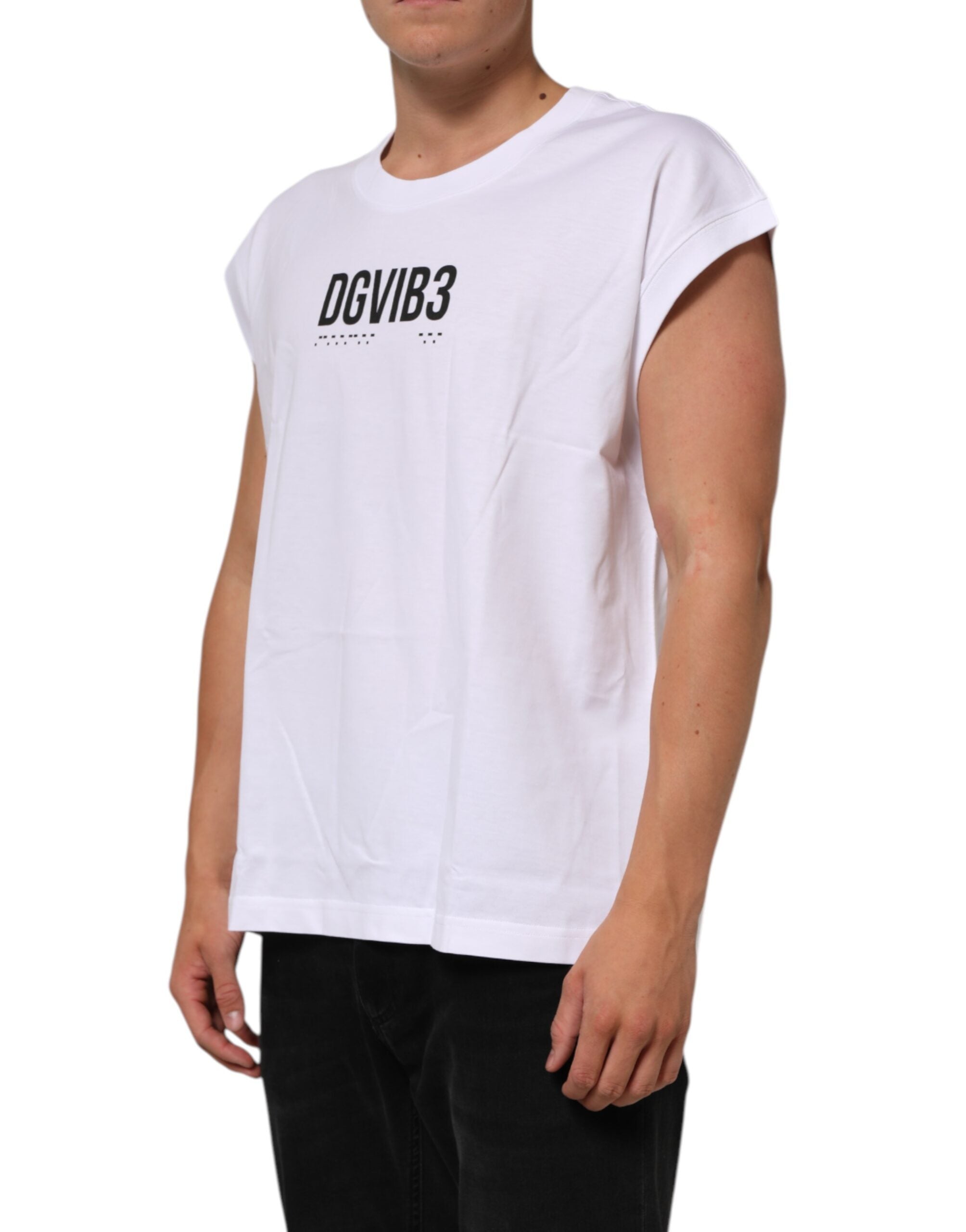 Dolce & Gabbana Weißes ärmelloses bedrucktes Tank-T-Shirt aus Baumwolle