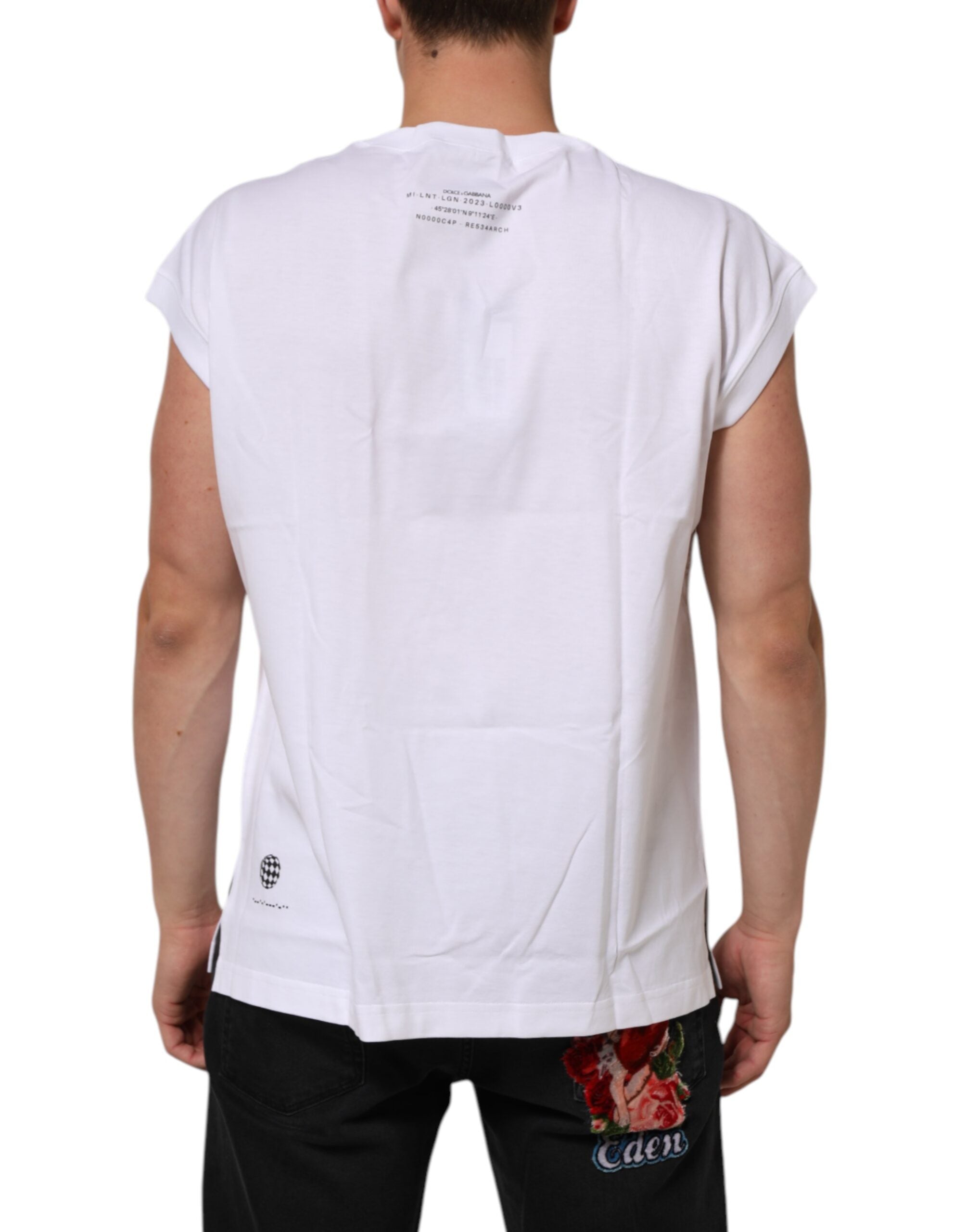 Dolce & Gabbana Weißes ärmelloses bedrucktes Tank-T-Shirt aus Baumwolle