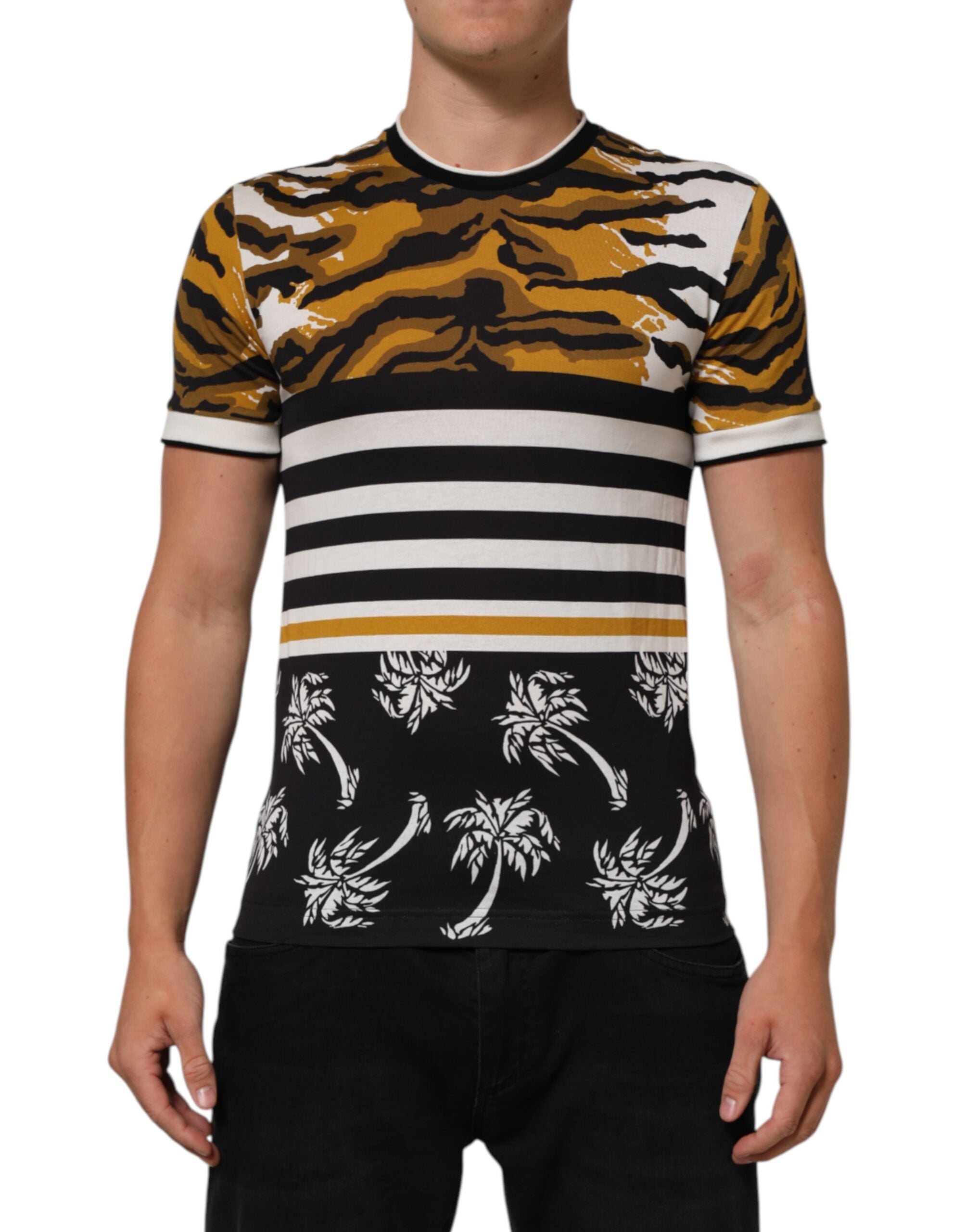 Dolce & Gabbana Multicolor Leopard Palm Leaf Männer Rundhals-T-Shirt
