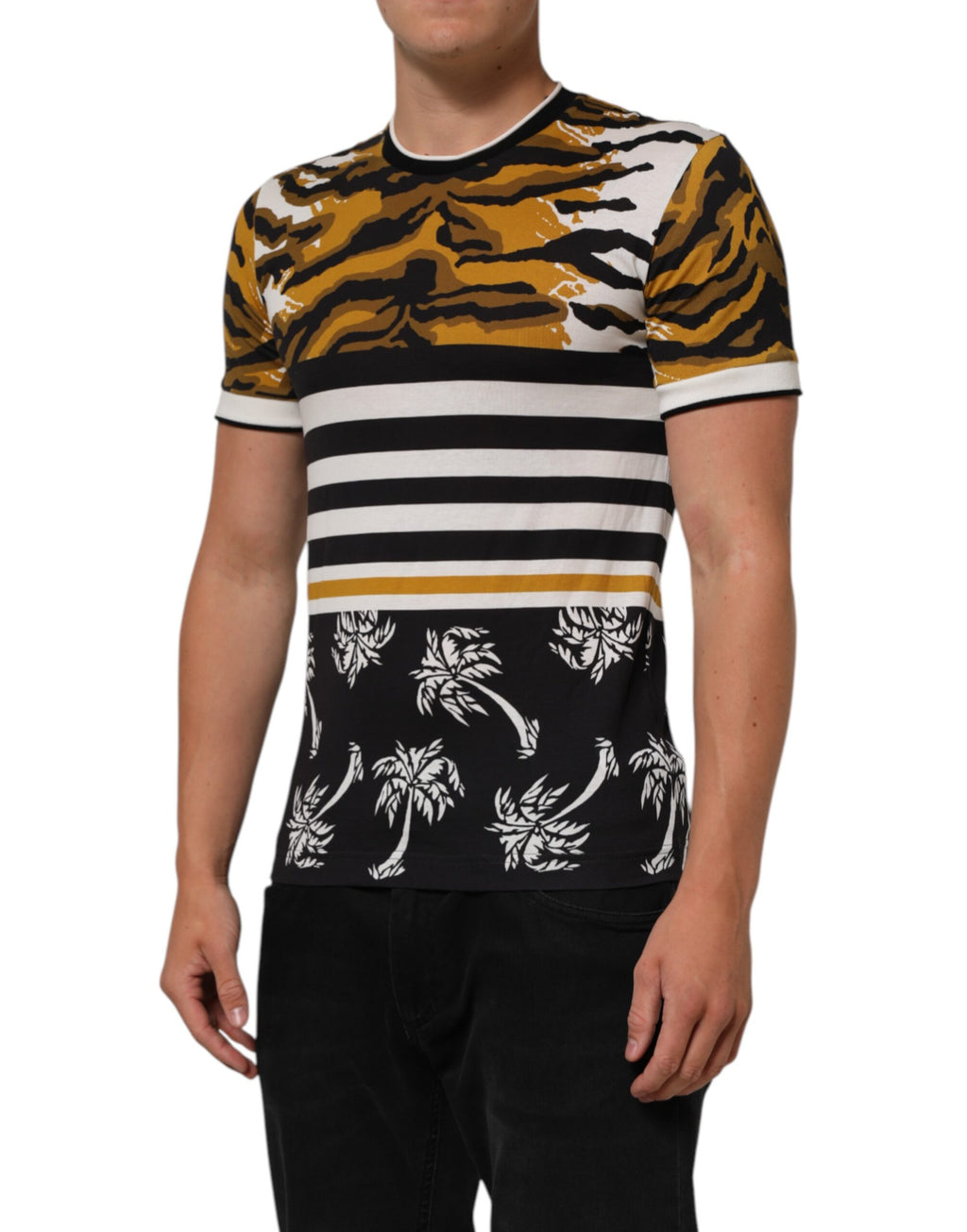 Dolce & Gabbana Multicolor Leopard Palm Leaf Männer Rundhals-T-Shirt