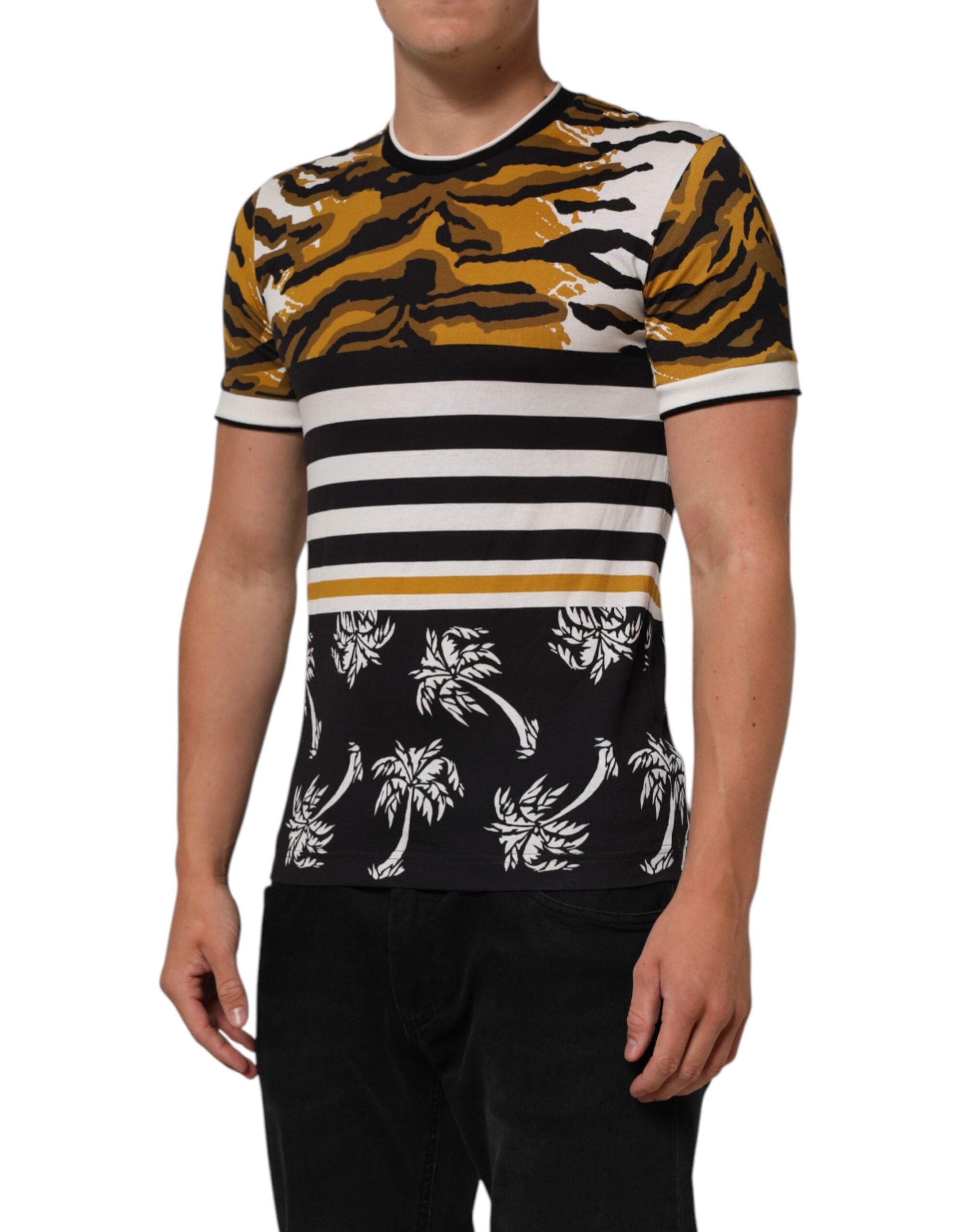 Dolce & Gabbana Multicolor Leopard Palm Leaf Männer Rundhals-T-Shirt