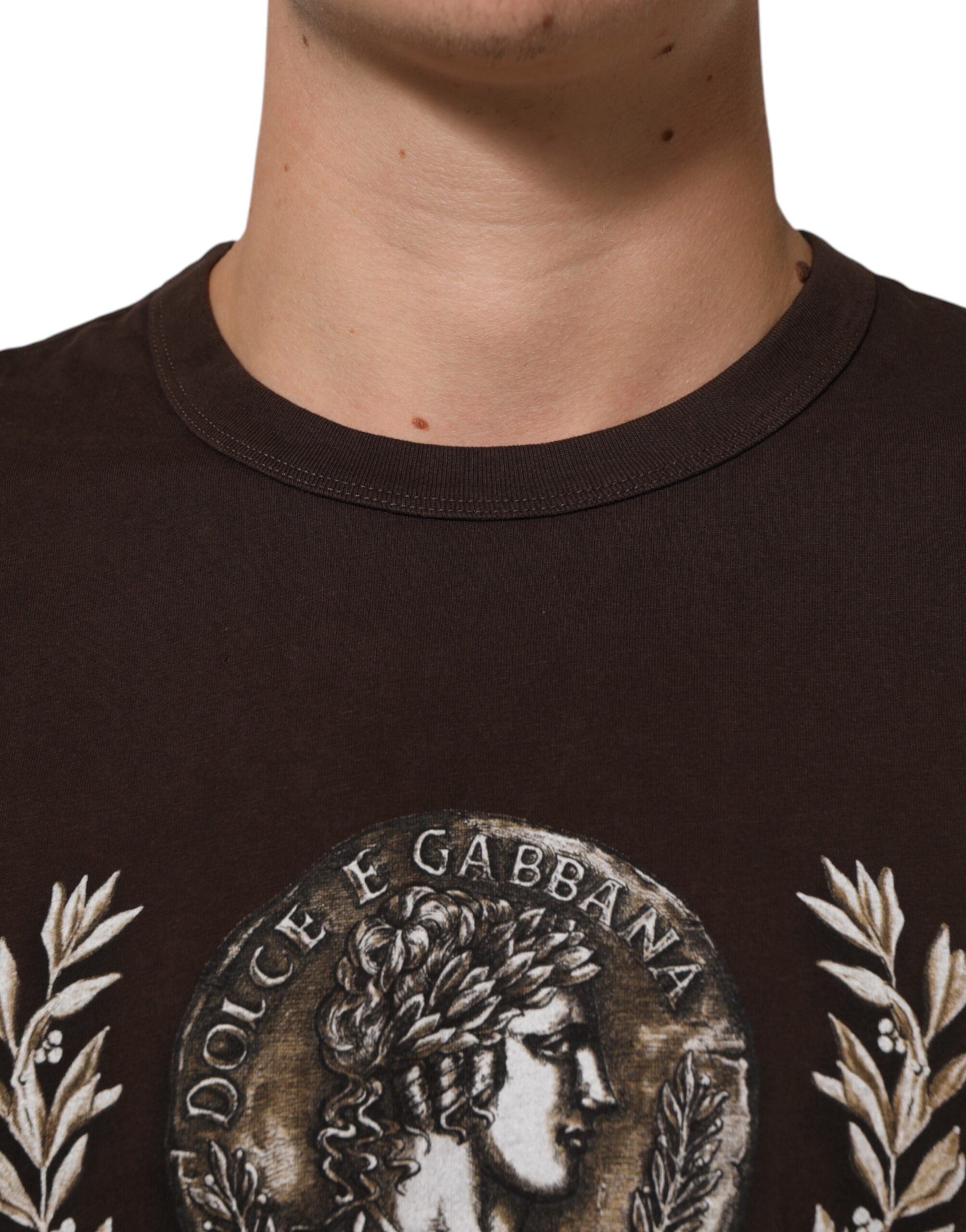 Dolce & Gabbana Braunes Münzlorbeer-T-Shirt mit Rundhalsausschnitt für Männer