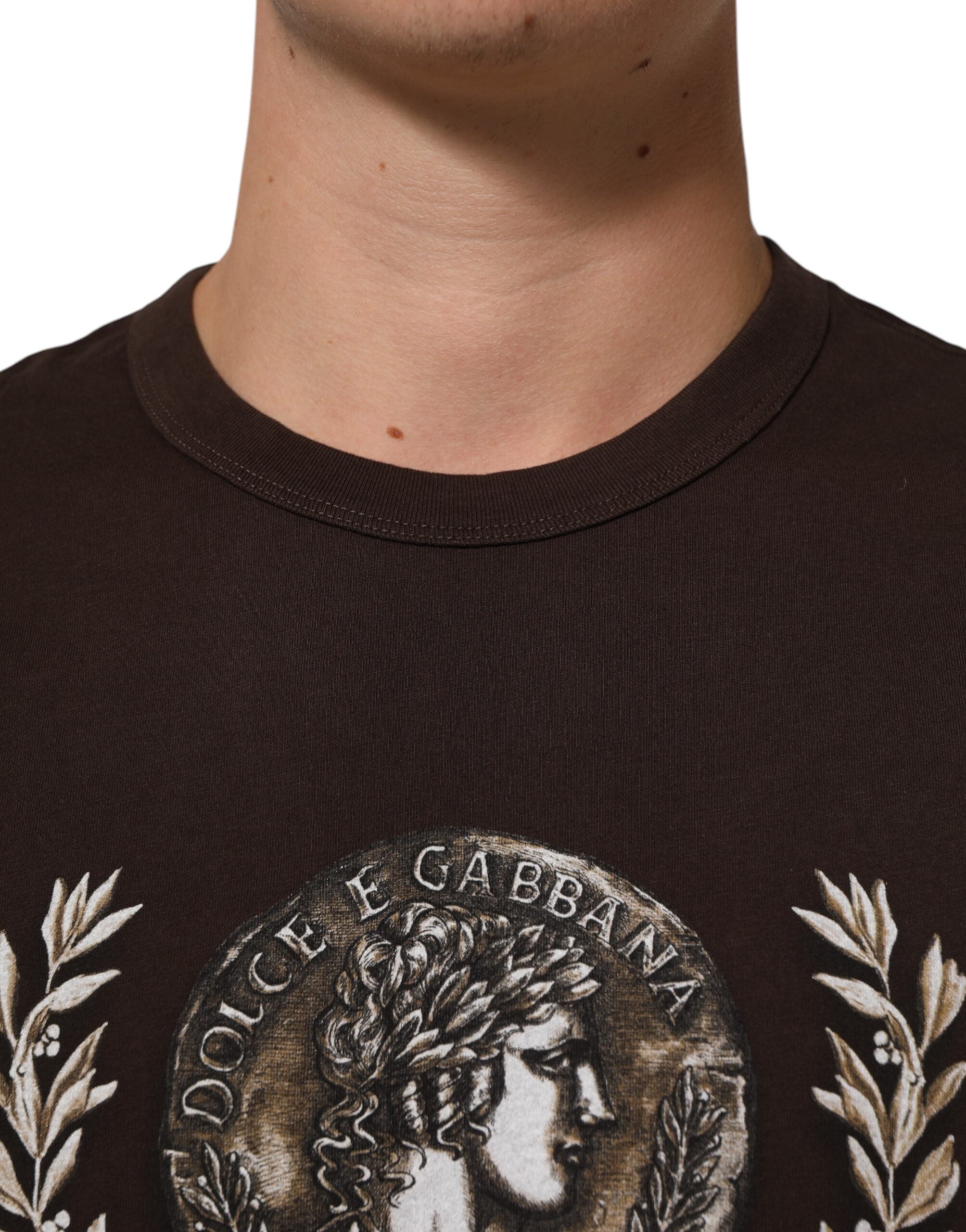 Dolce & Gabbana Braunes Münz-Lorbeer-T-Shirt mit Rundhalsausschnitt für Männer