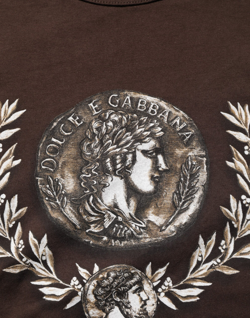 Dolce & Gabbana Braunes Münz-Lorbeer-T-Shirt mit Rundhalsausschnitt für Männer