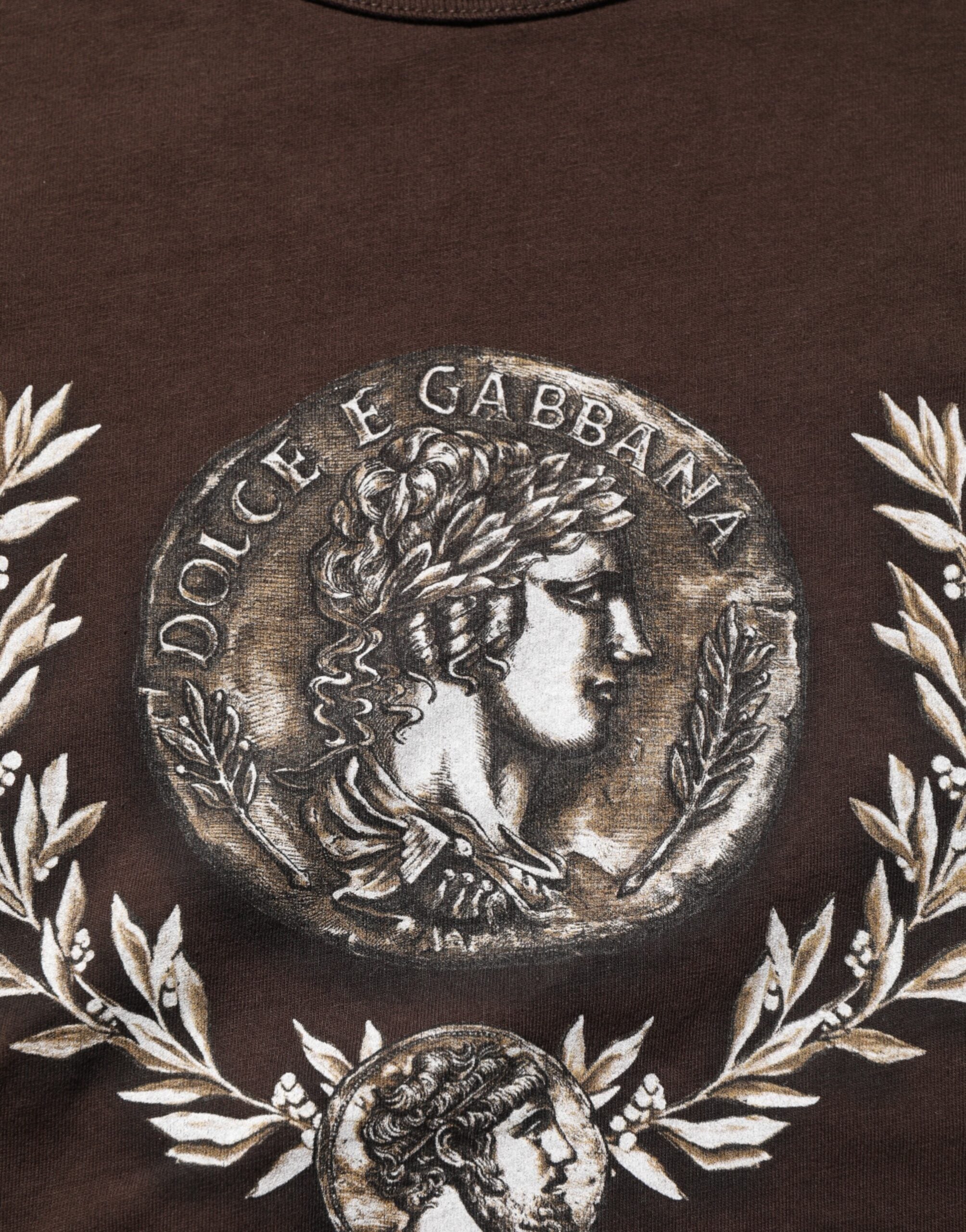 Dolce & Gabbana Braunes Münz-Lorbeer-T-Shirt mit Rundhalsausschnitt für Männer