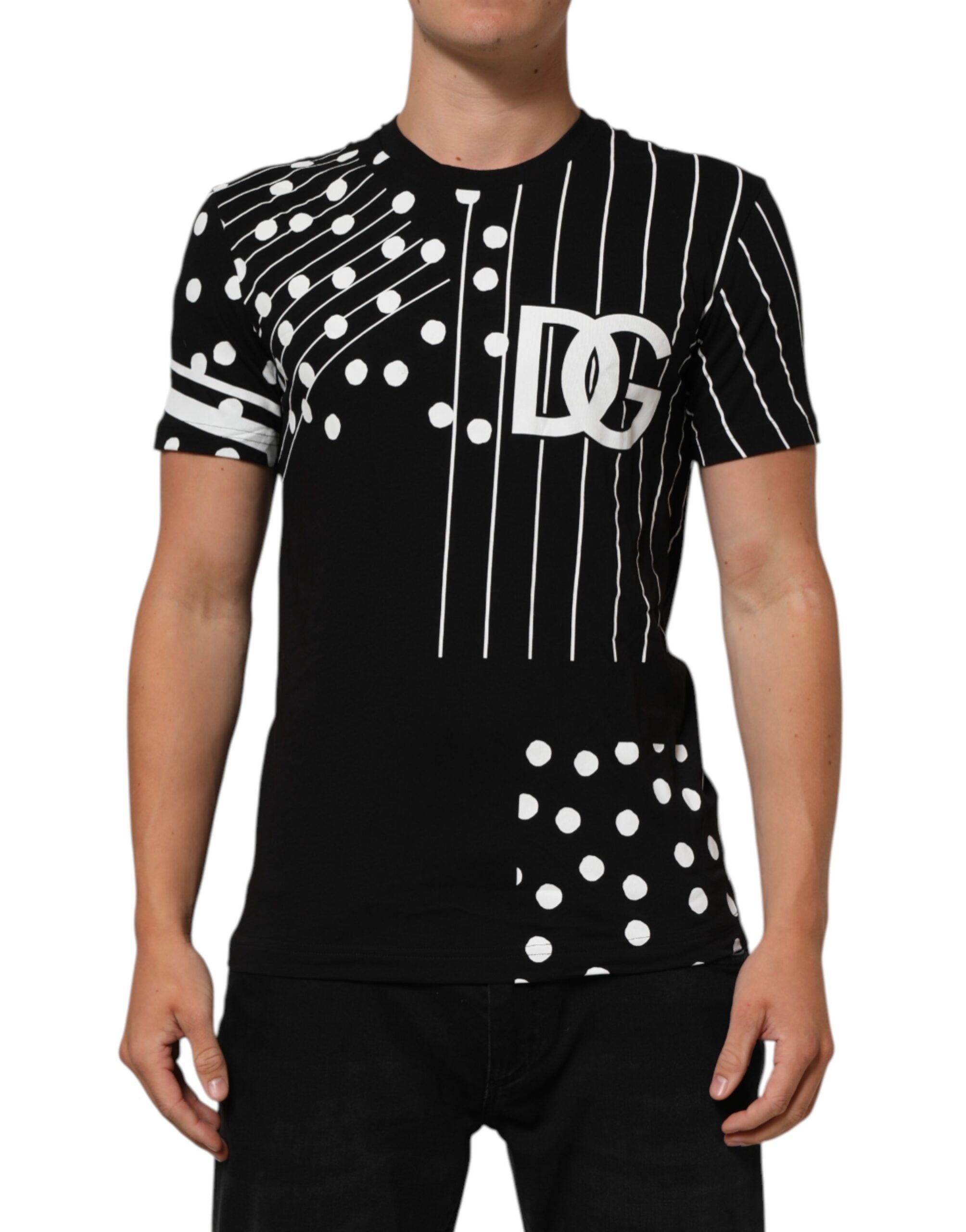 Dolce & Gabbana Schwarzes Baumwoll-T-Shirt mit Rundhalsausschnitt und Polka-Dots