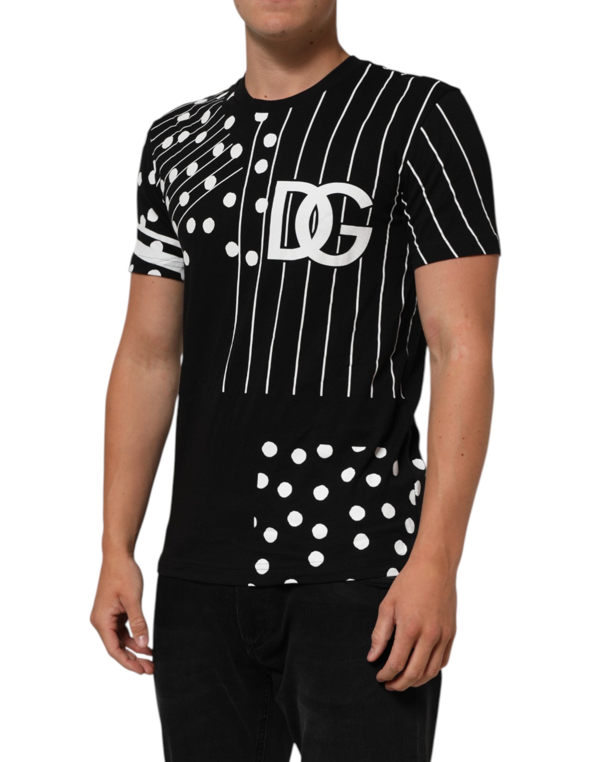 Dolce & Gabbana Schwarzes Baumwoll-T-Shirt mit Rundhalsausschnitt und Polka-Dots