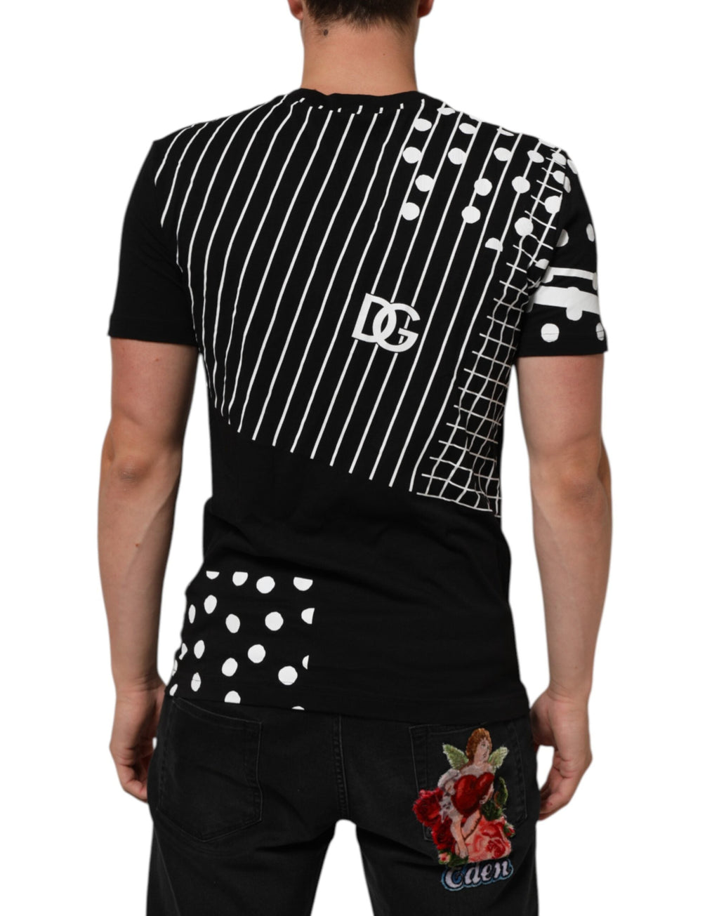Dolce & Gabbana Schwarzes Baumwoll-T-Shirt mit Rundhalsausschnitt und Polka-Dots