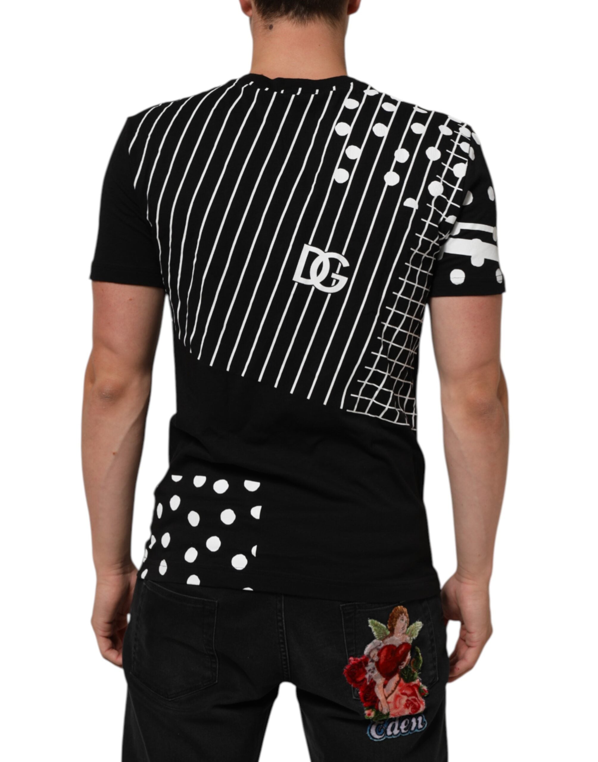 Dolce & Gabbana Schwarzes Baumwoll-T-Shirt mit Rundhalsausschnitt und Polka-Dots