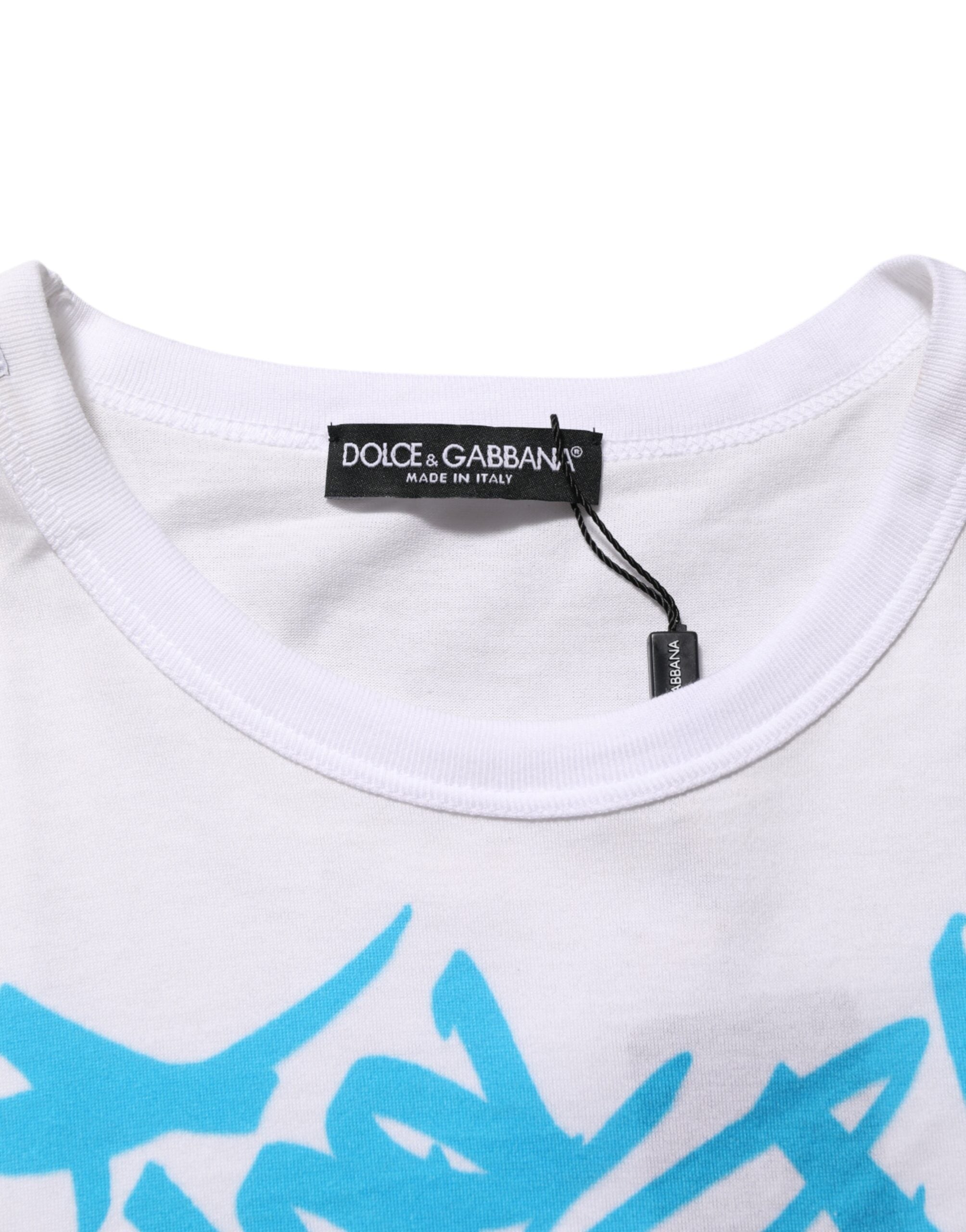 Dolce & Gabbana Weißes T-Shirt mit Rundhalsausschnitt aus Baumwolle mit Grafikdruck