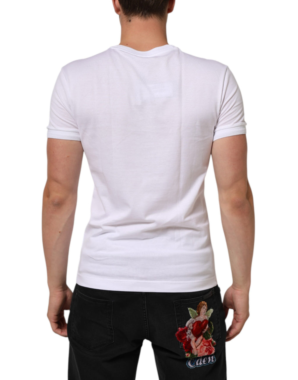 Dolce & Gabbana Weißes Baumwoll-Logo-Patch-T-Shirt mit V-Ausschnitt