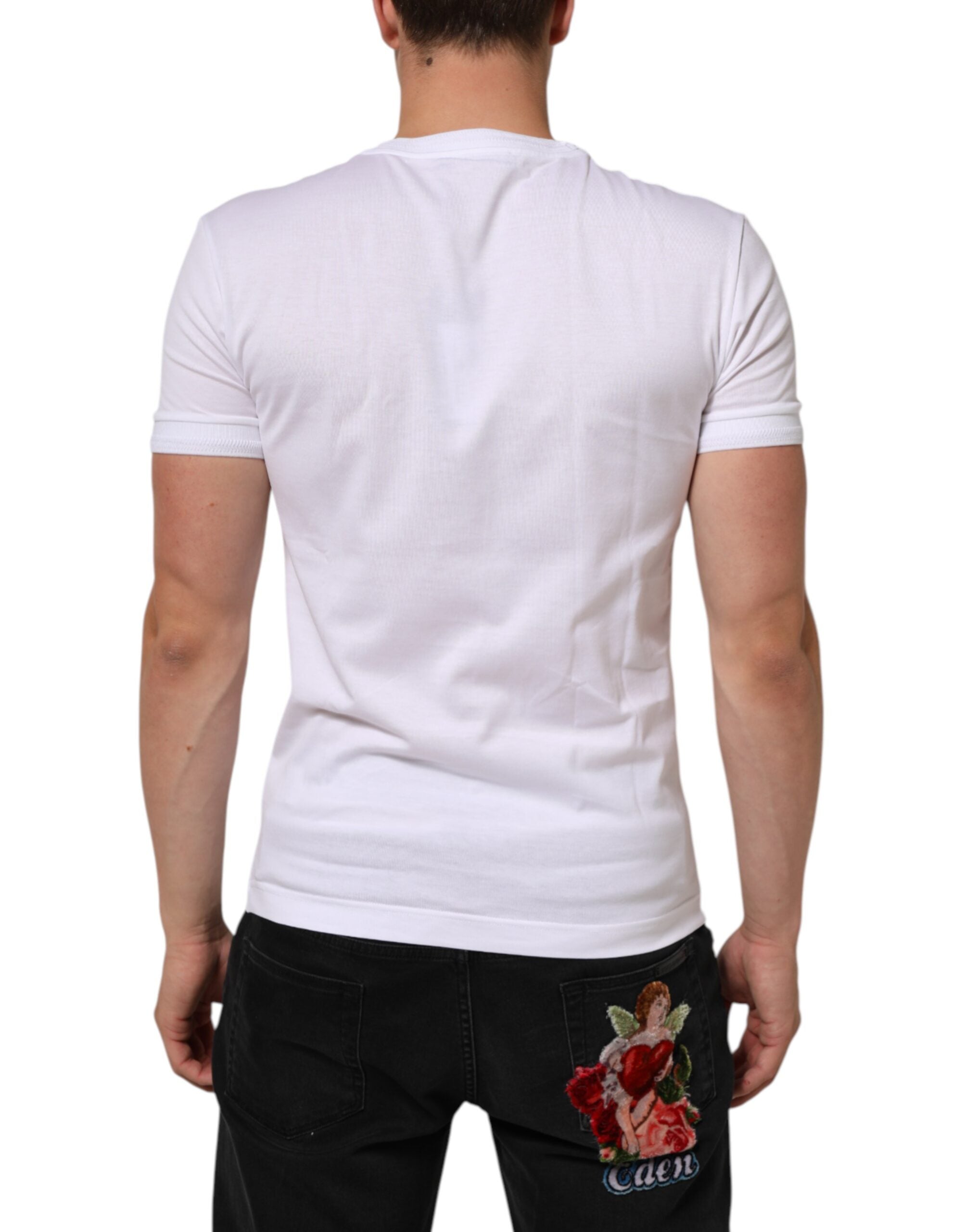 Dolce & Gabbana Weißes T-Shirt mit Rundhalsausschnitt und Logo-Patch aus Baumwolle