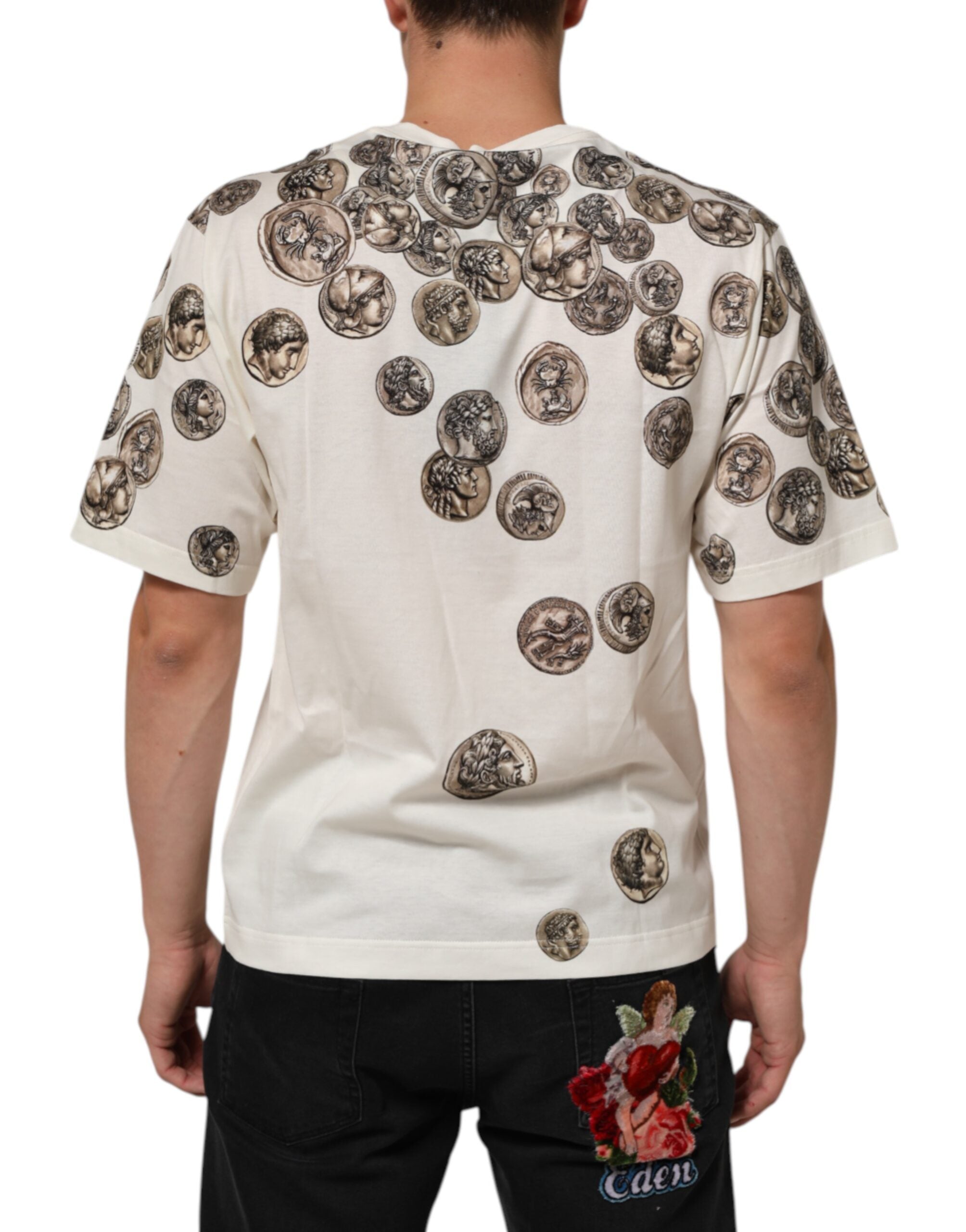 Dolce & Gabbana Weißes Baumwoll-T-Shirt mit Münzdruck und Rundhalsausschnitt für Männer
