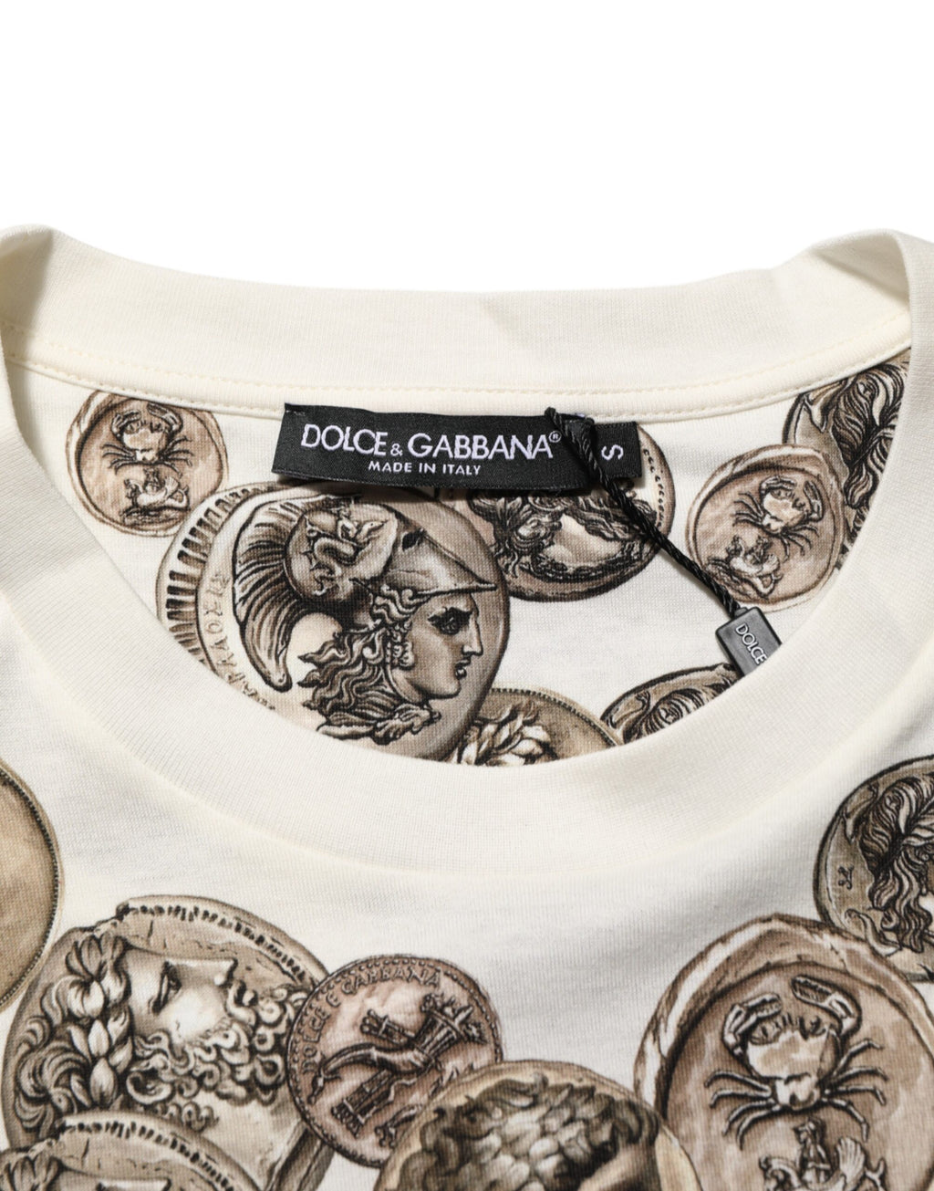 Dolce & Gabbana Weißes Baumwoll-T-Shirt mit Münzdruck und Rundhalsausschnitt für Männer