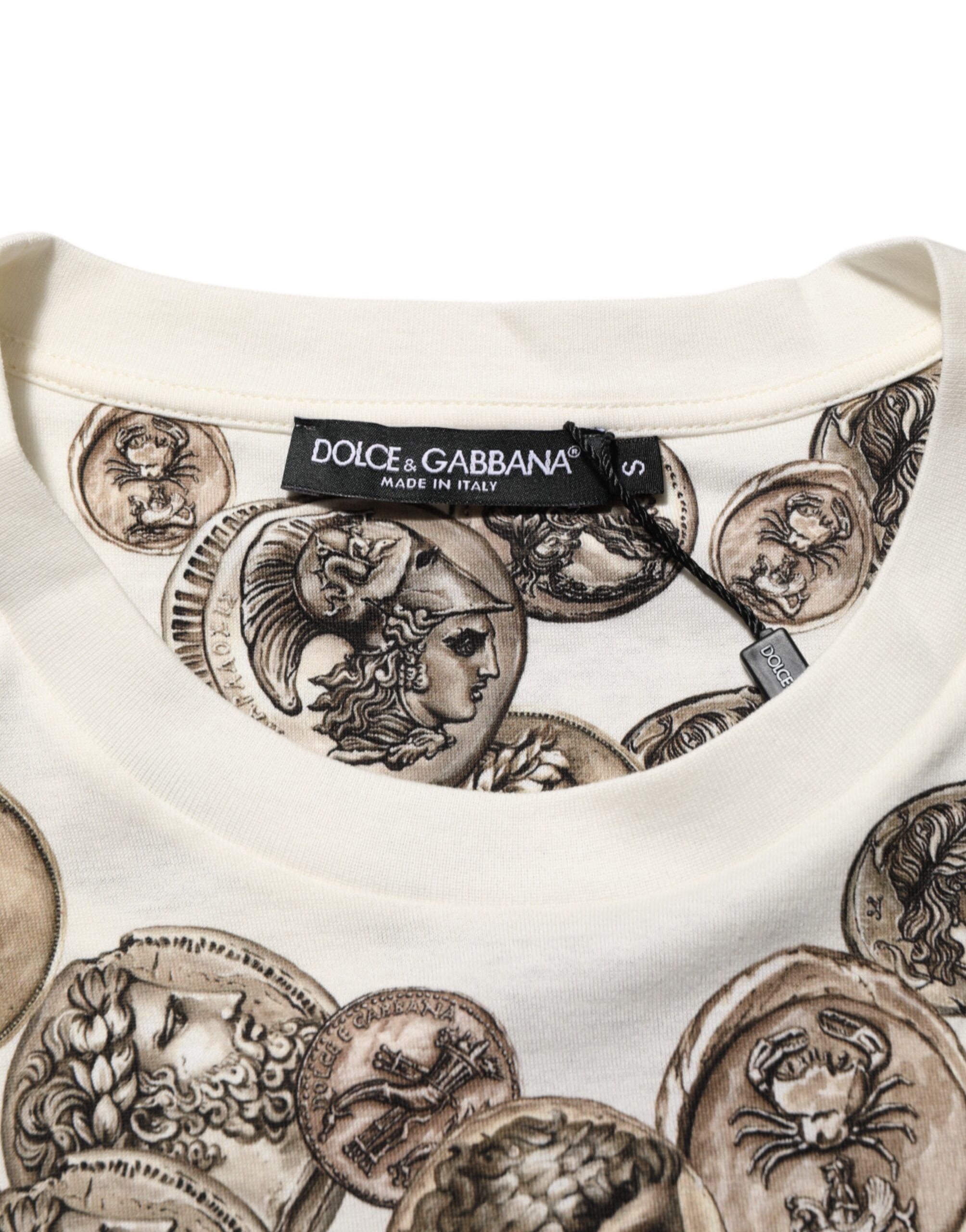 Dolce & Gabbana Weißes Baumwoll-T-Shirt mit Münzdruck und Rundhalsausschnitt für Männer