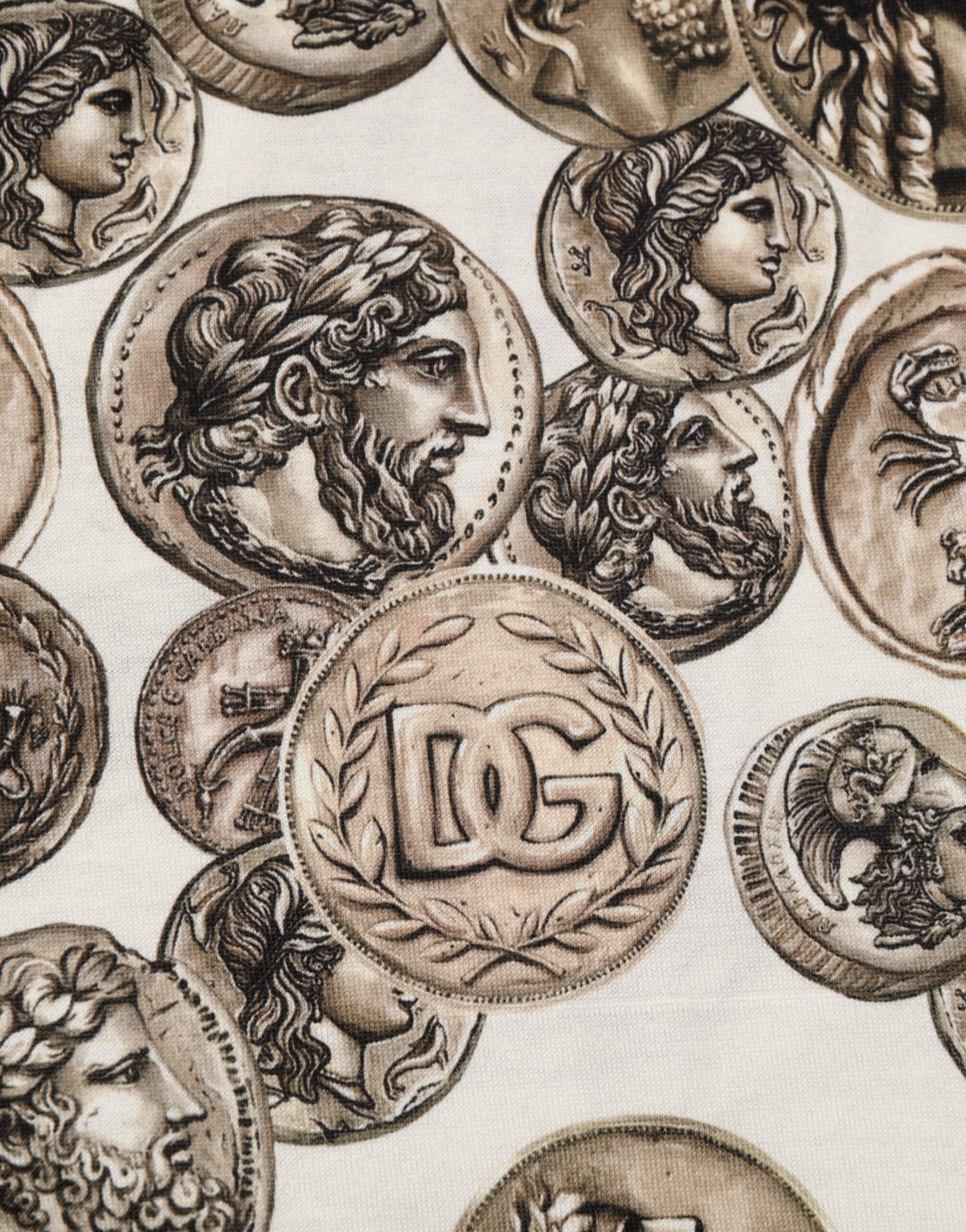 Dolce & Gabbana Weißes Baumwoll-T-Shirt mit Münzdruck und Rundhalsausschnitt für Männer