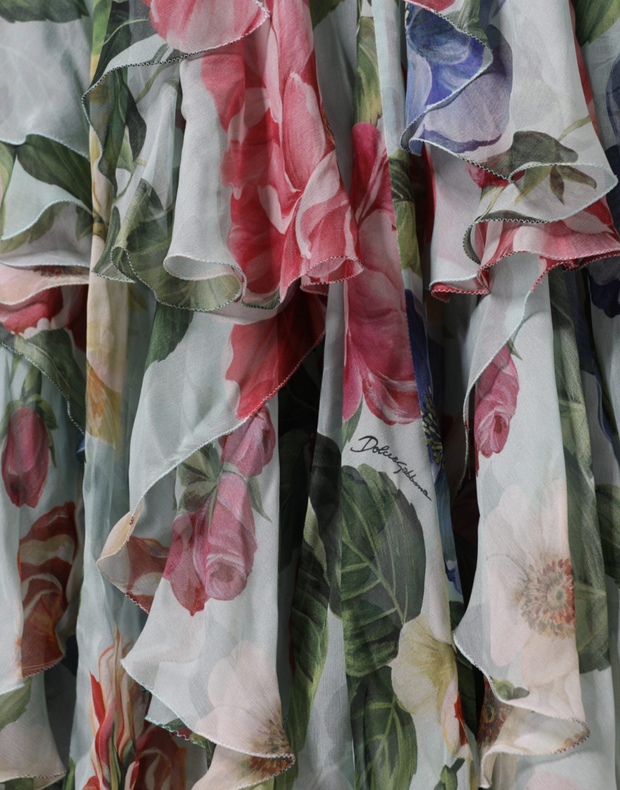 Dolce & Gabbana Blaues gestuftes Maxikleid mit Blumendruck