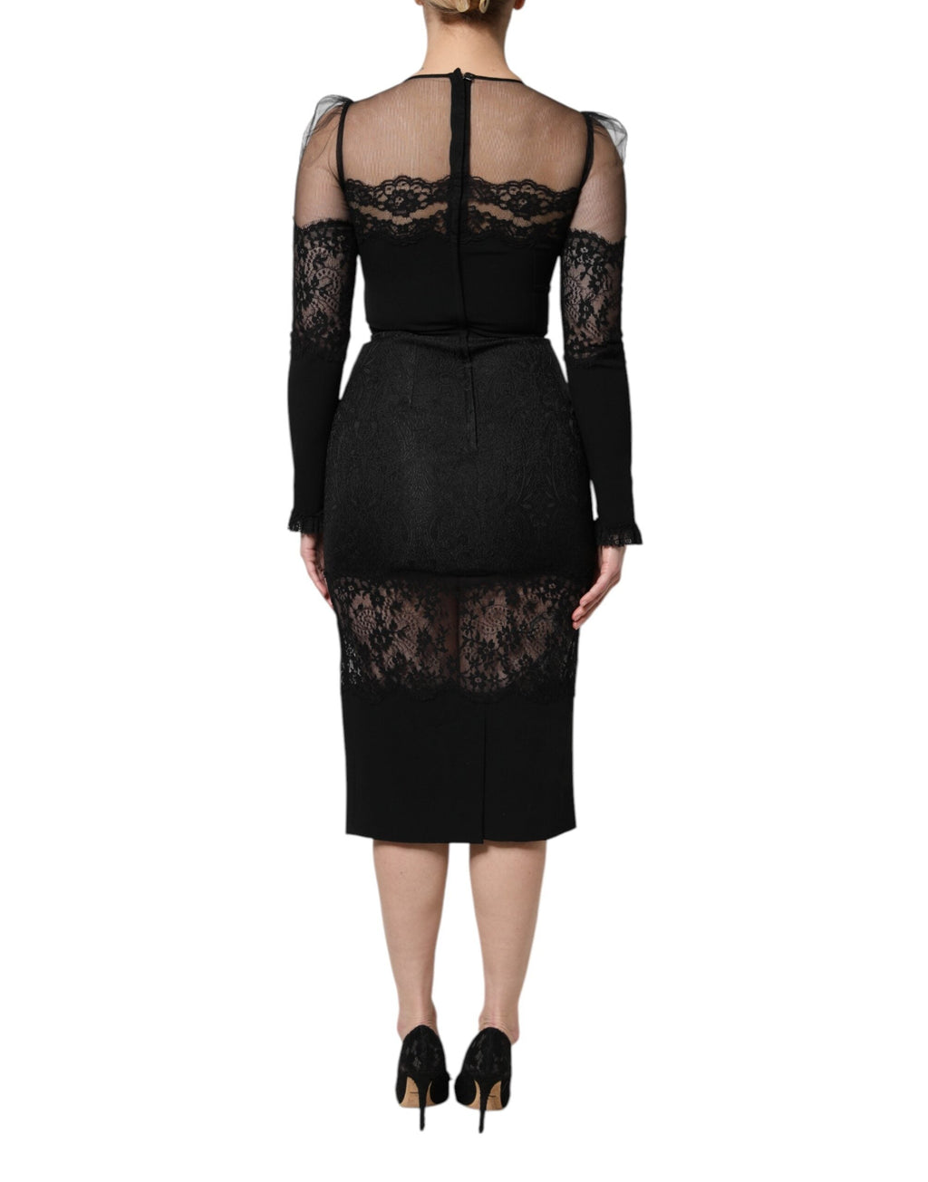 Dolce & Gabbana Schwarzes Spitzenbesetztes Nylon Tüll EtuikleidMidi Dress