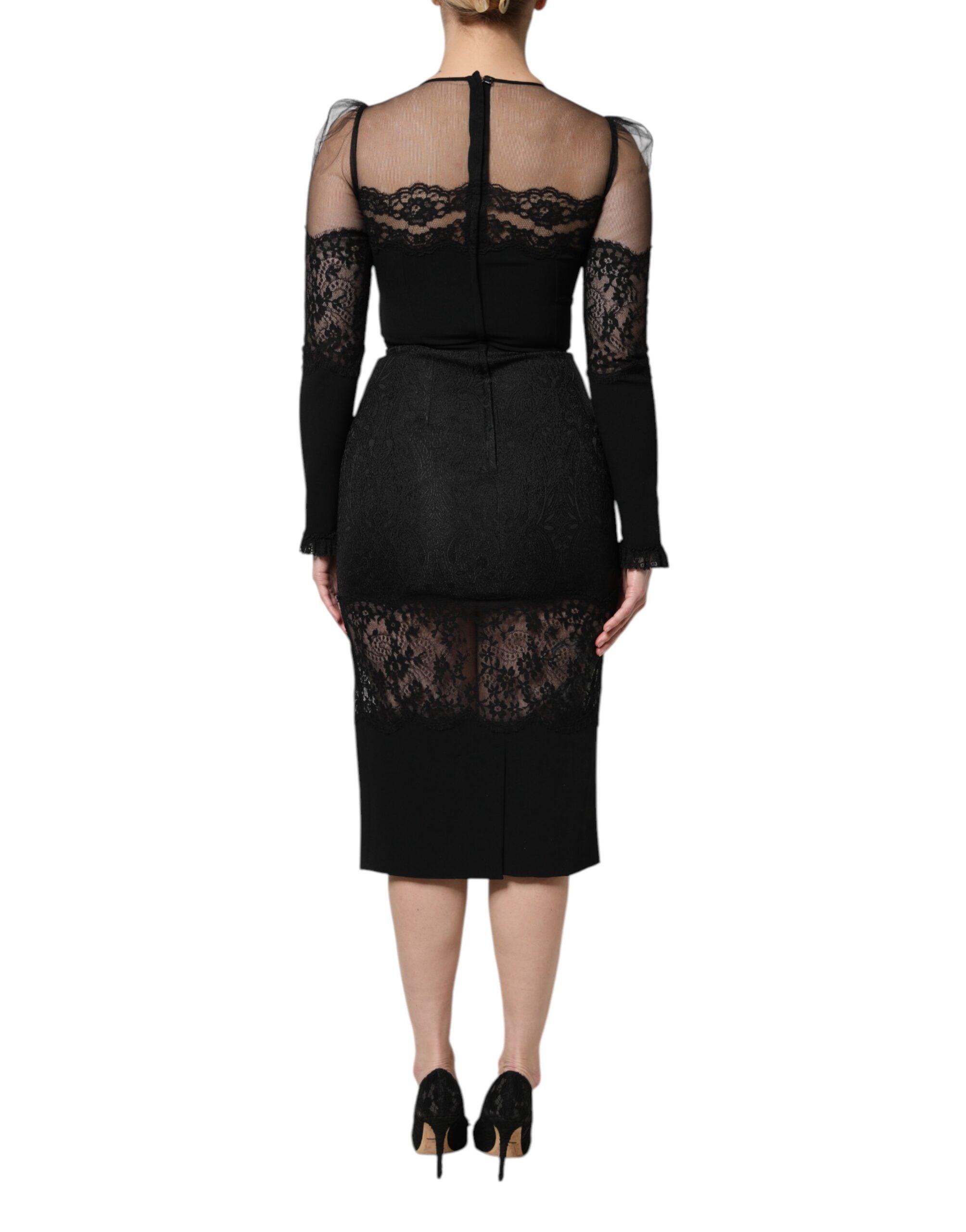 Dolce & Gabbana Schwarzes Spitzenbesetztes Nylon Tüll EtuikleidMidi Dress