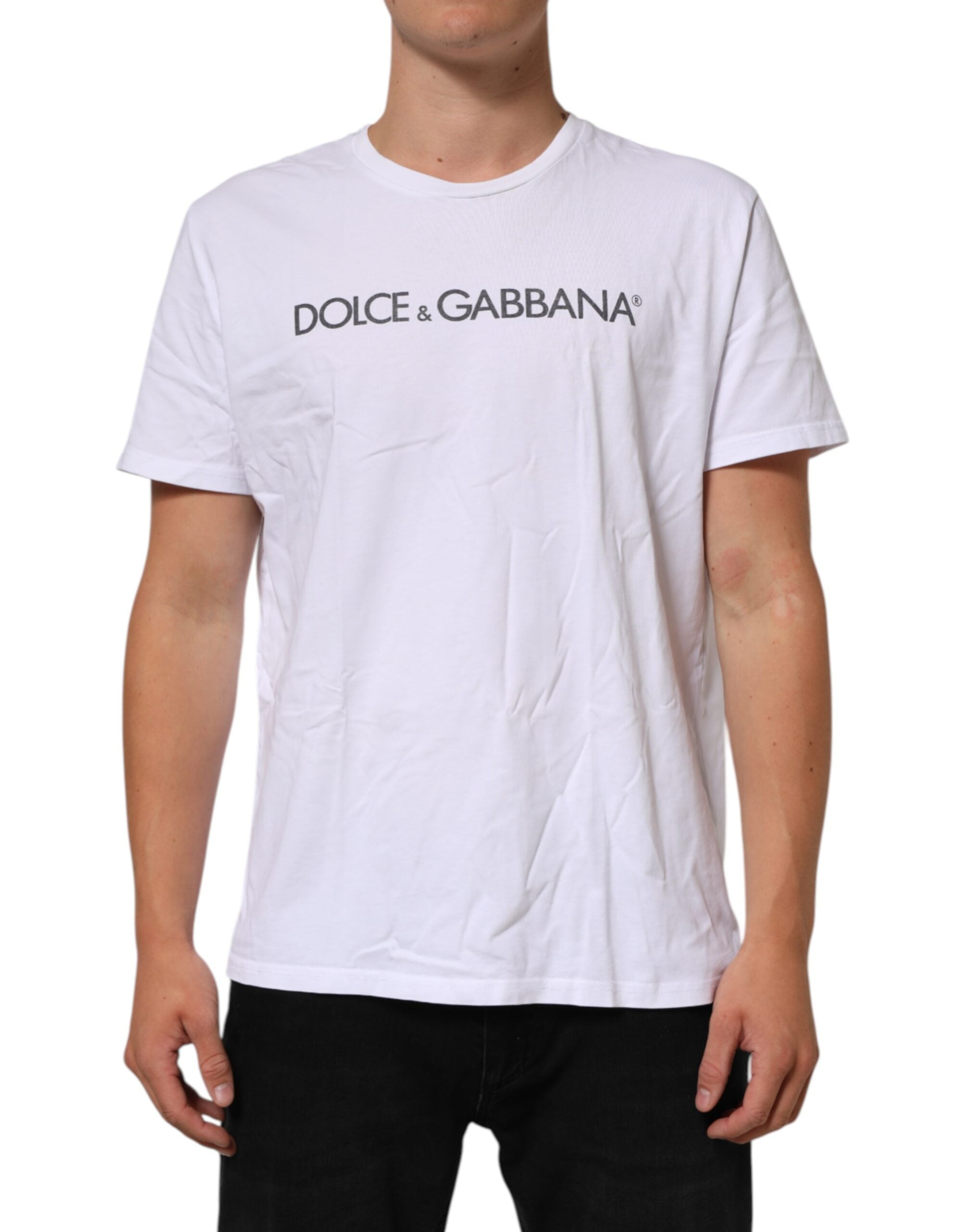 Dolce & Gabbana Weißes T-Shirt mit Rundhalsausschnitt und Logodruck aus Baumwolle