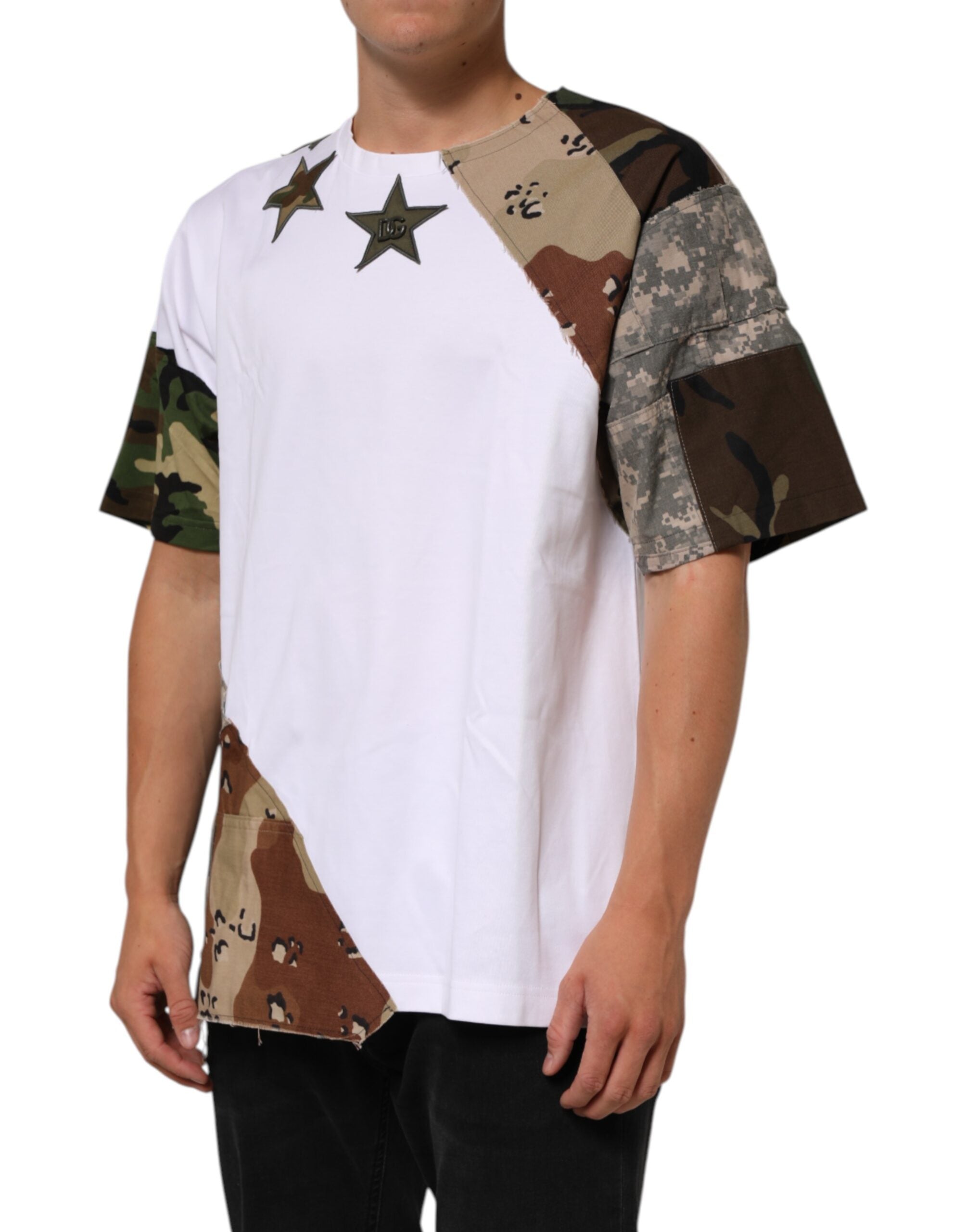 Dolce & Gabbana Weißes Camouflage-Muster Männer T-Shirt aus Baumwolle