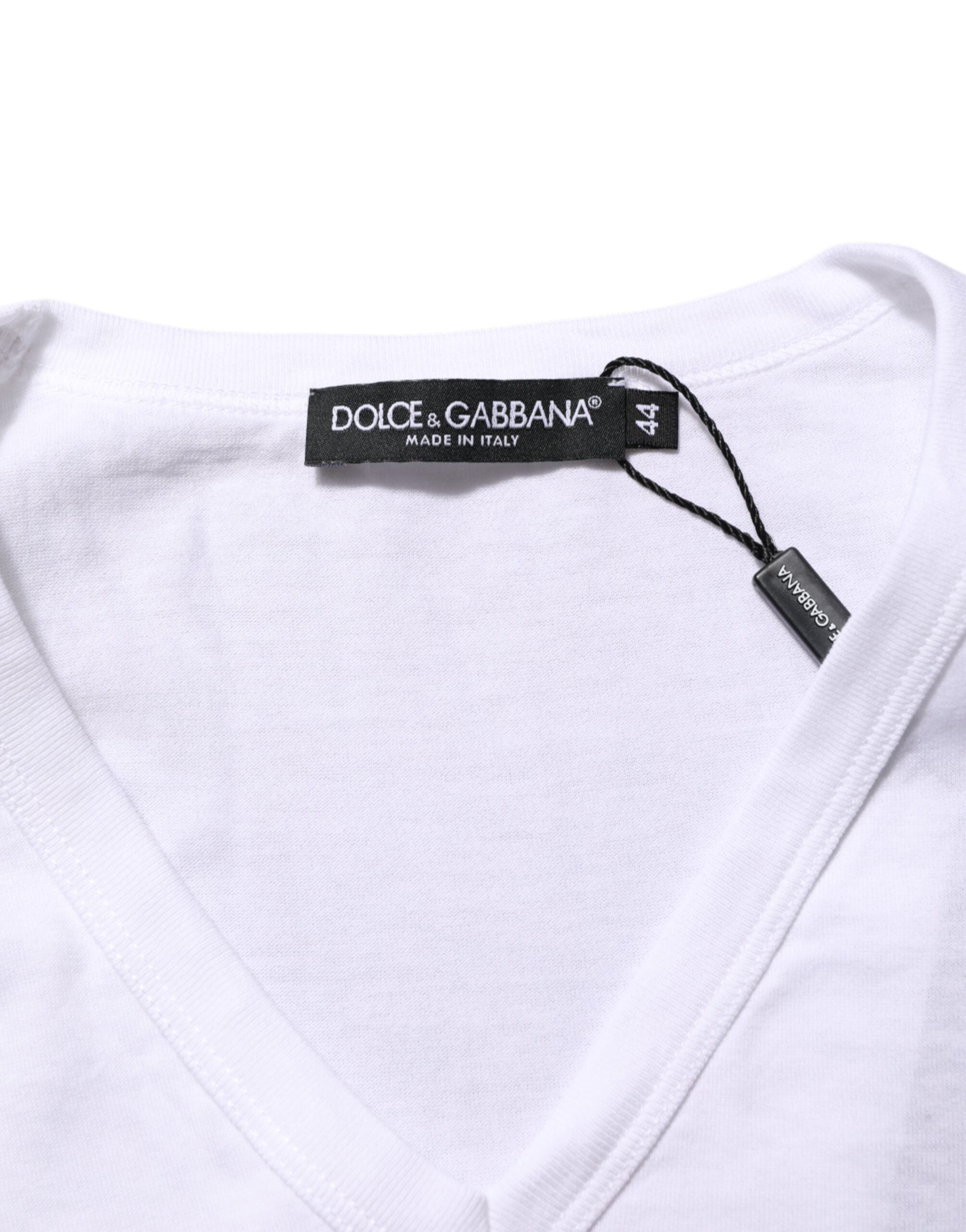 Dolce & Gabbana Weißes Baumwoll-T-Shirt mit V-Ausschnitt und kurzen Ärmeln
