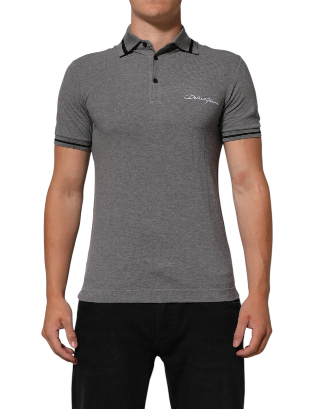 Dolce & Gabbana Graues Polo-T-Shirt mit Logo-Stickerei und Kragen