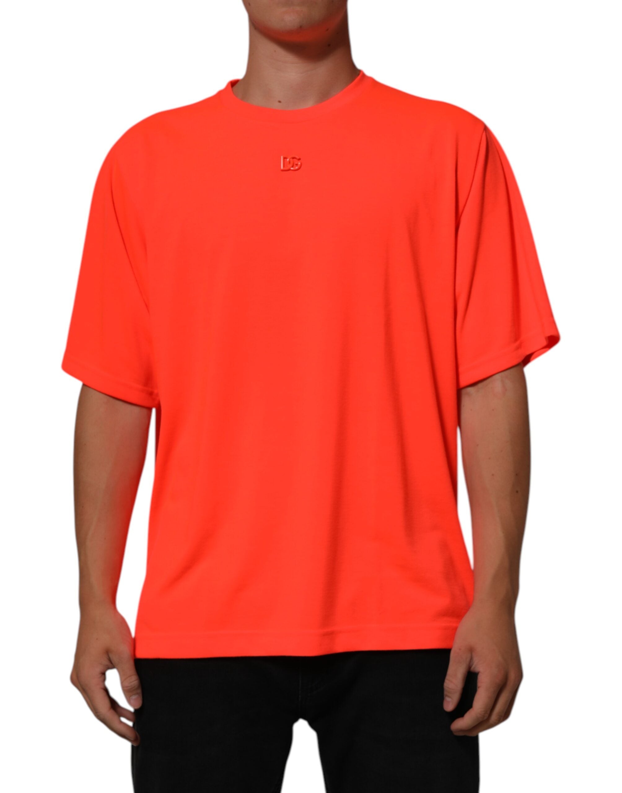 Dolce & Gabbana Neon Orange Polyester Männer T-Shirt mit Rundhalsausschnitt