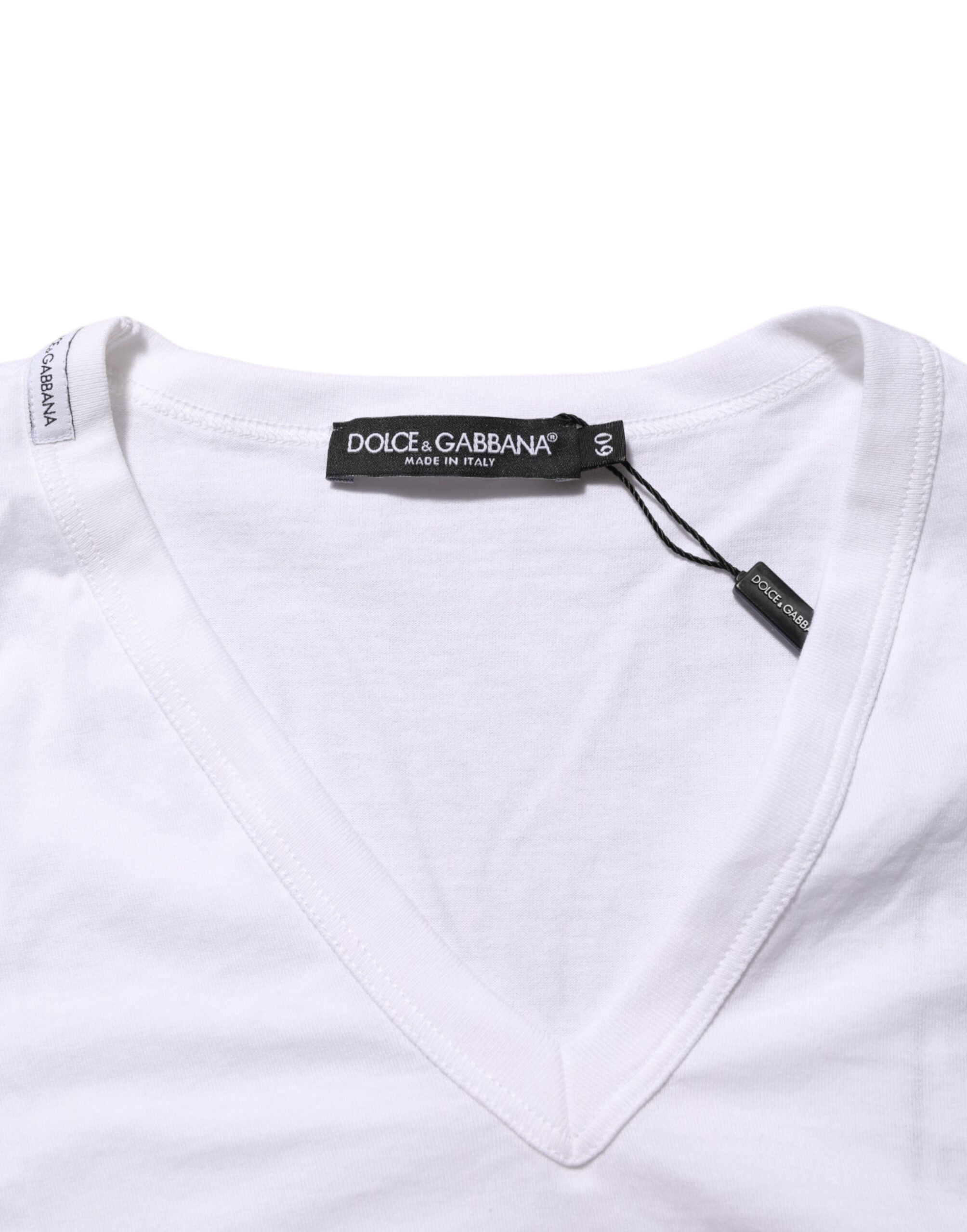 Dolce & Gabbana Weißes Baumwoll-T-Shirt mit V-Ausschnitt und kurzen Ärmeln