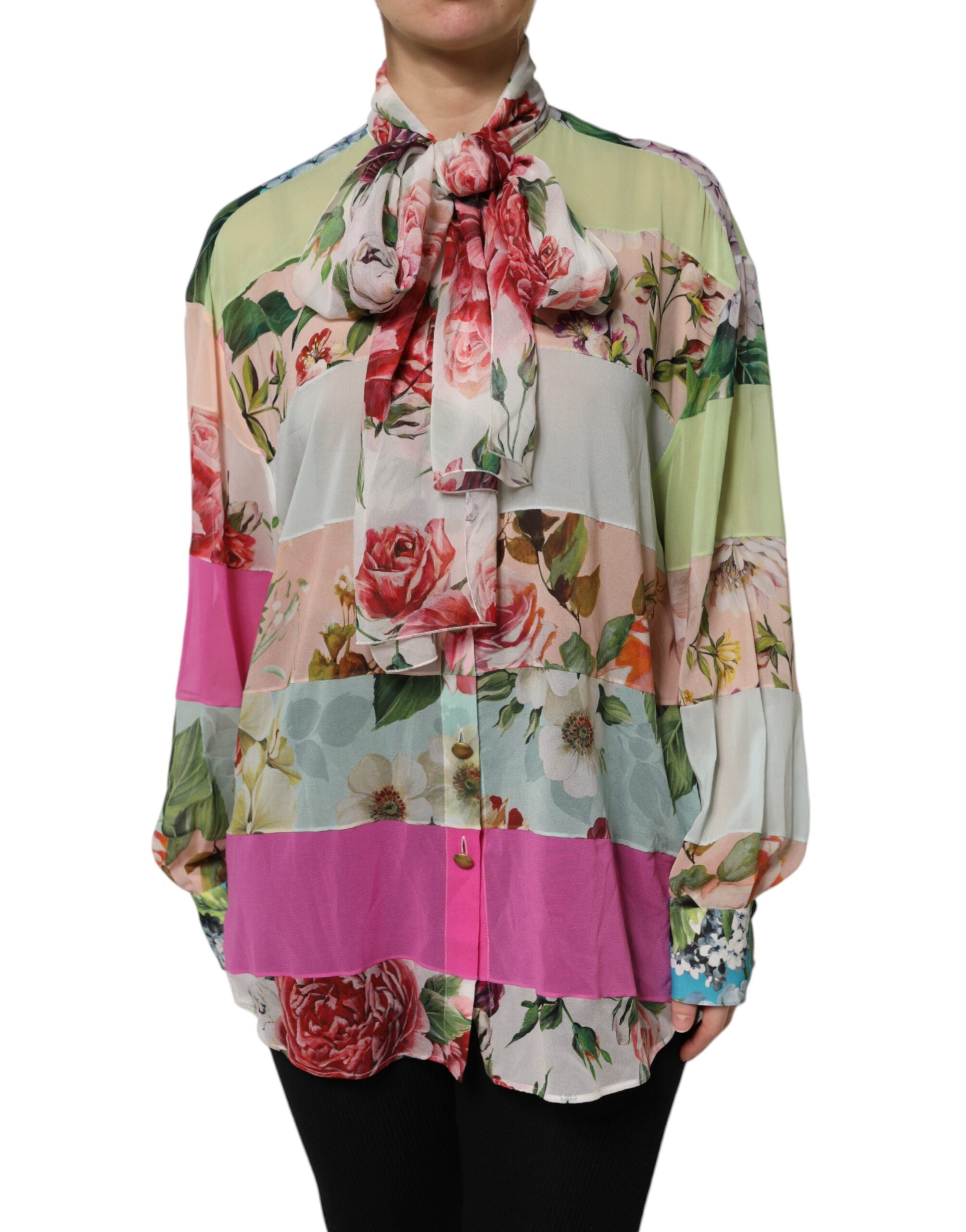 Dolce & Gabbana Multicolor Floral Patchwork Ascot Kragen Top