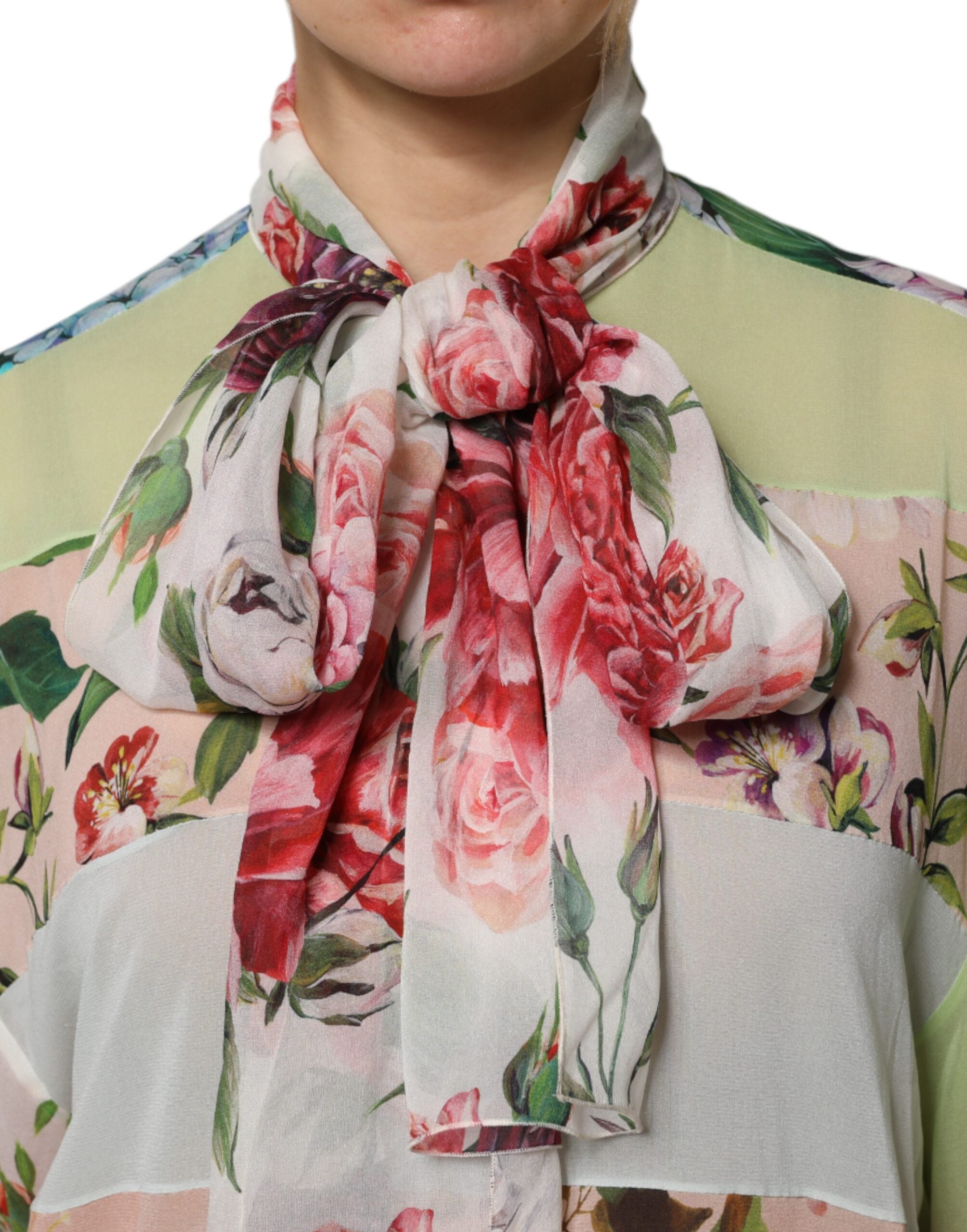 Dolce & Gabbana Multicolor Floral Patchwork Ascot Kragen Top