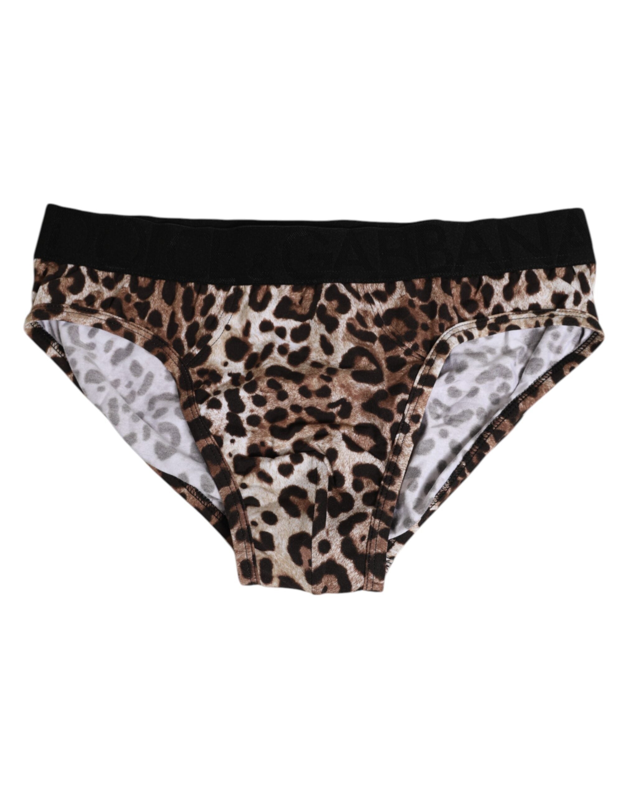 Dolce & Gabbana Brown Cotton Leopard Logo Midi Slip Unterwäsche