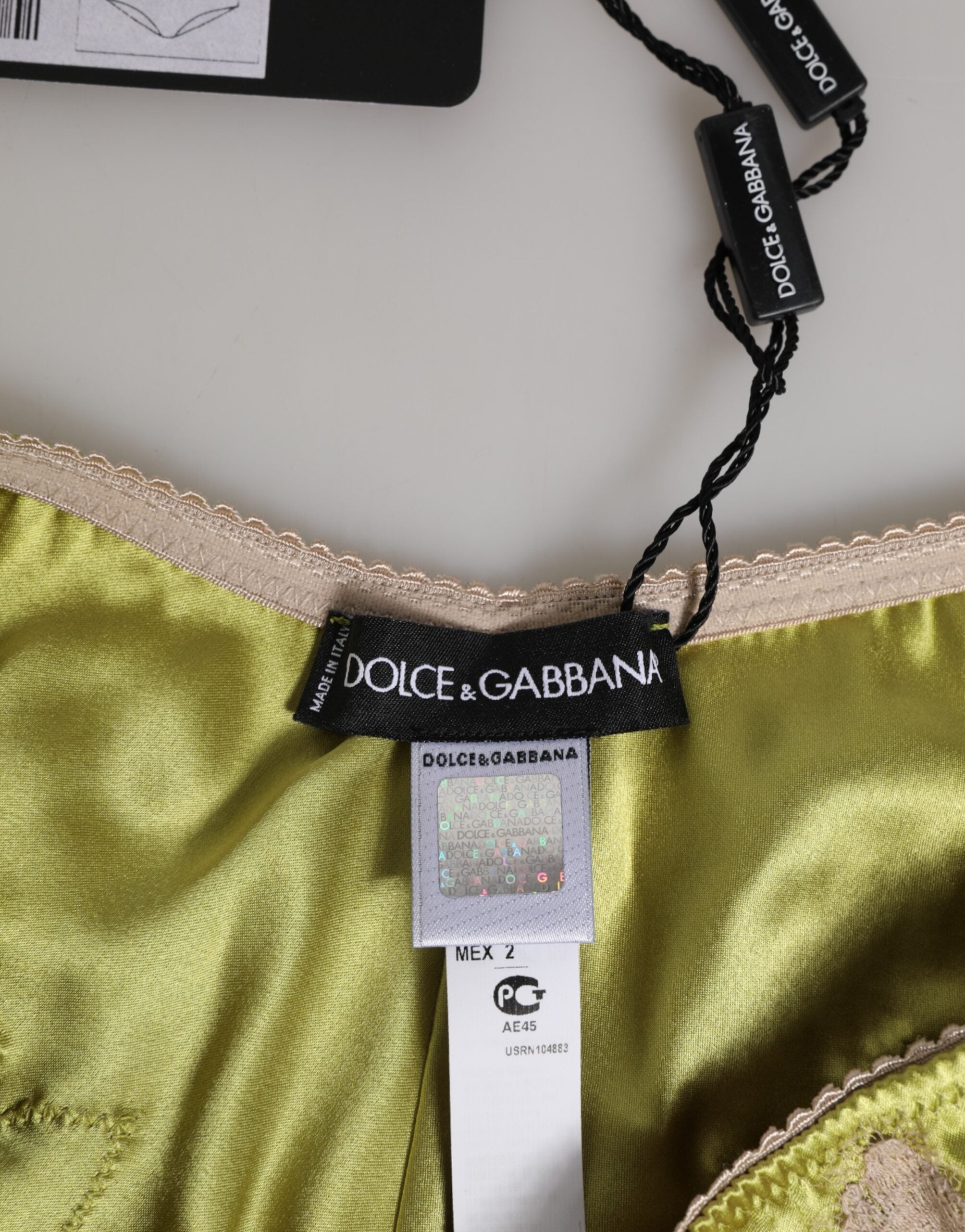 Dolce & Gabbana Grüner Seidensatin mit floralen Spitzenbesätzen Panty Unterwäsche