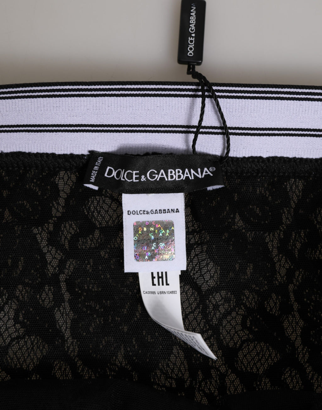 Dolce & Gabbana Schwarzer Spitzen-Slip-Slip mit Logo-Bund Unterwäsche