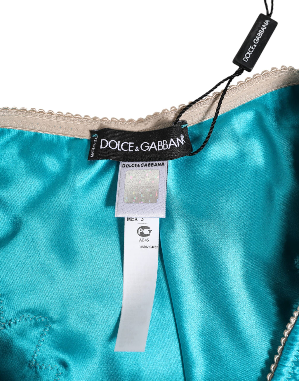 Dolce & Gabbana Blauer Seidensatin mit floralen Spitzenbesätzen Neuer Slip Unterwäsche