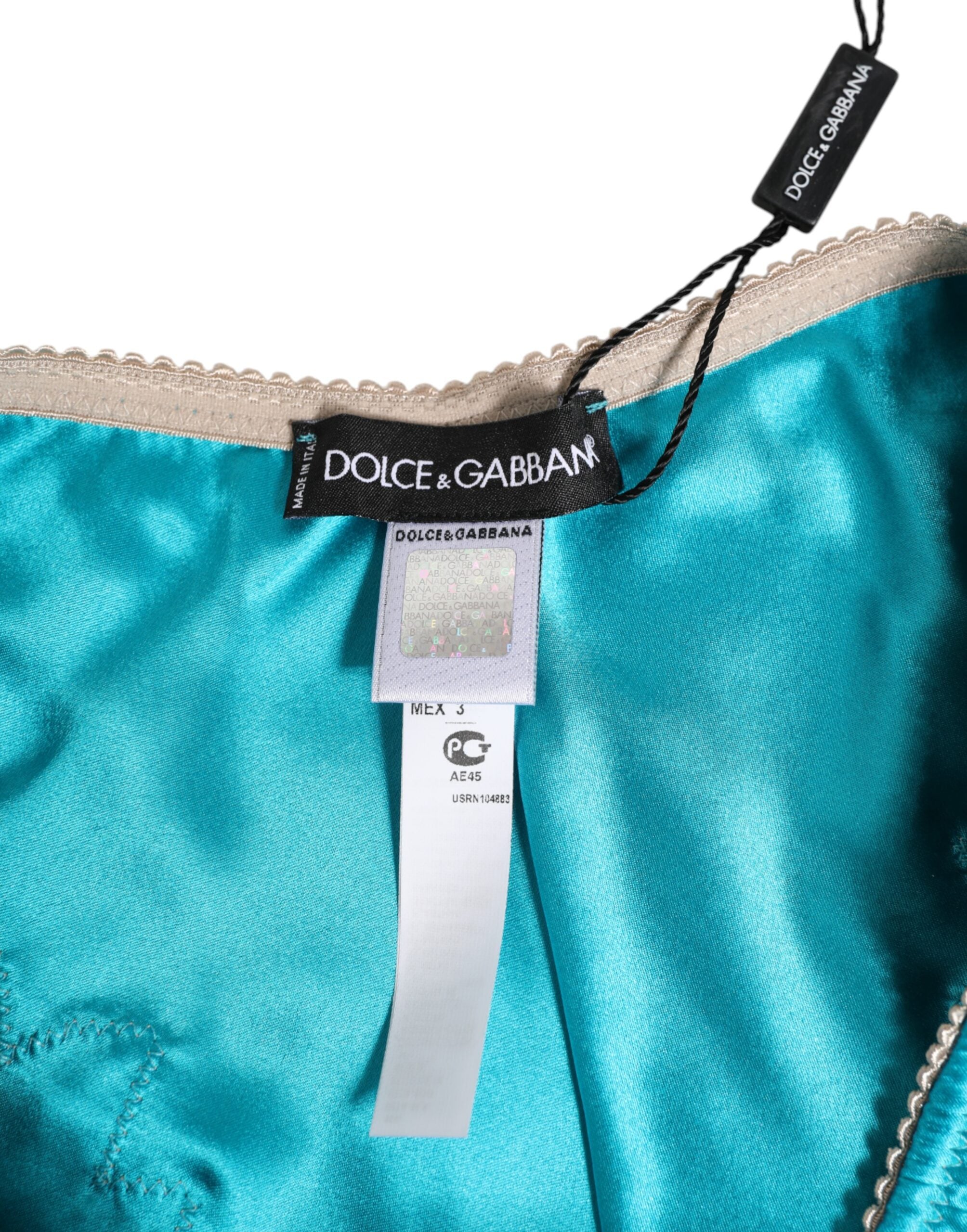 Dolce & Gabbana Blauer Seidensatin mit floralen Spitzenbesätzen Neuer Slip Unterwäsche